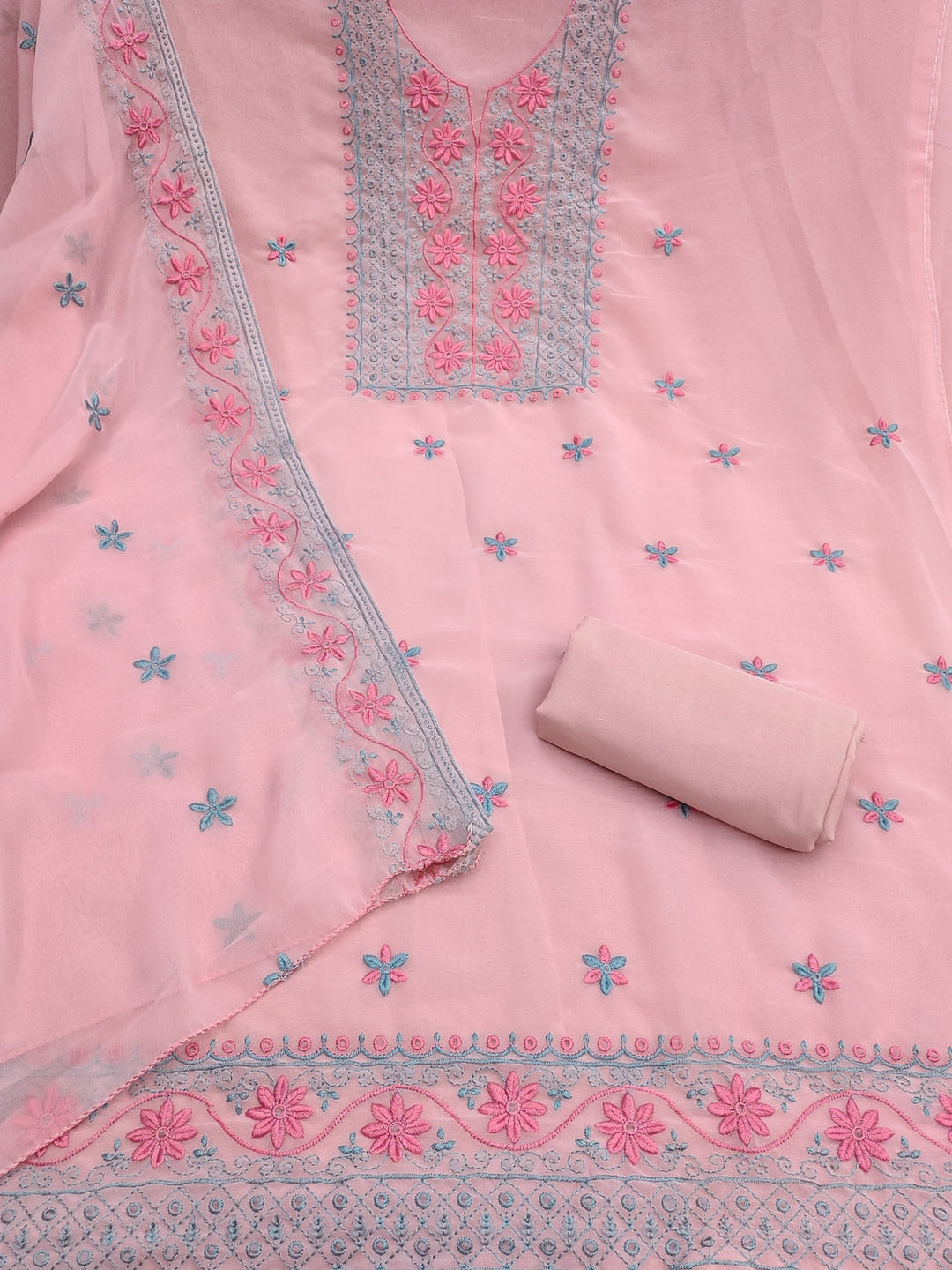Peachmode Light Peach Floral Embroidered Georgette Dress Material - Image 5