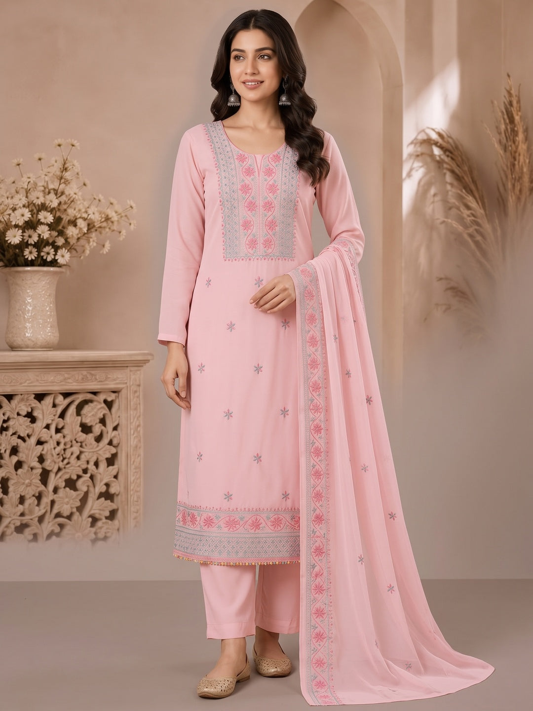 Peachmode Light Peach Floral Embroidered Georgette Dress Material - Image 2
