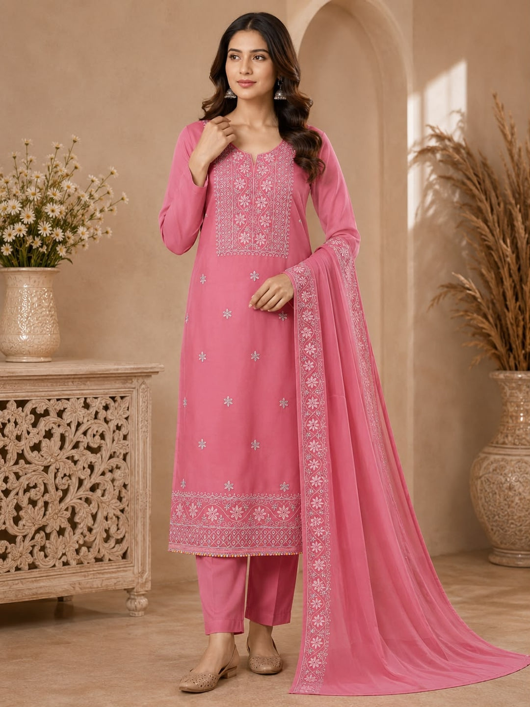 Peachmode Gajari Floral Embroidered Georgette Dress Material - Image 3