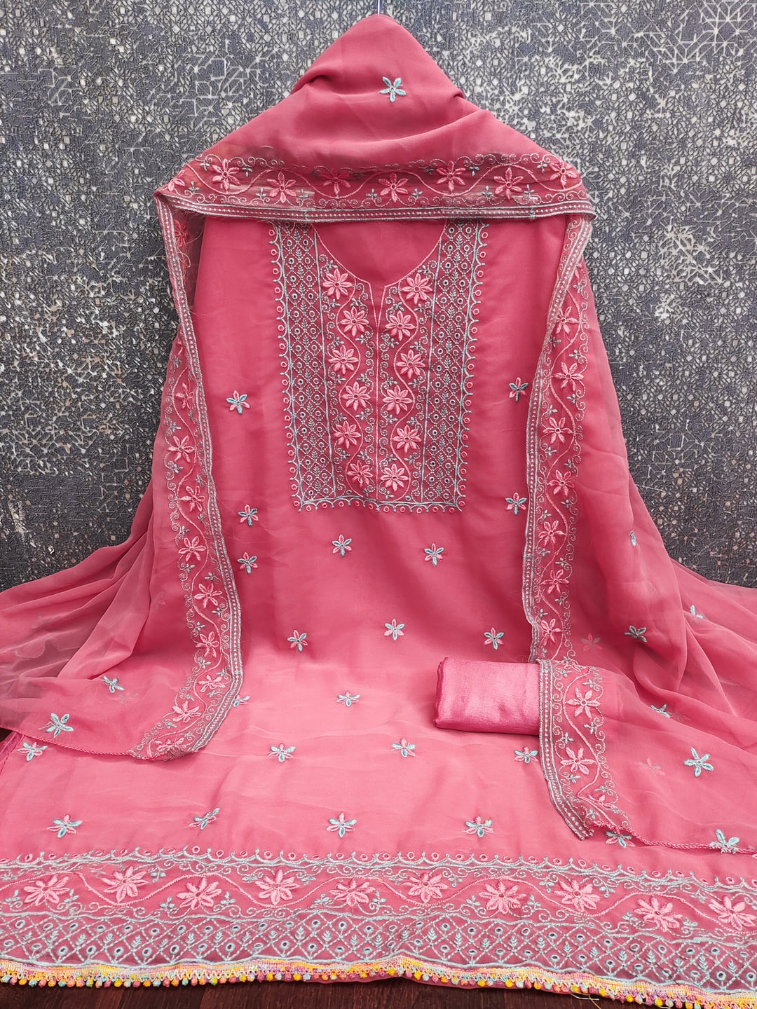Peachmode Gajari Floral Embroidered Georgette Dress Material - Image 4