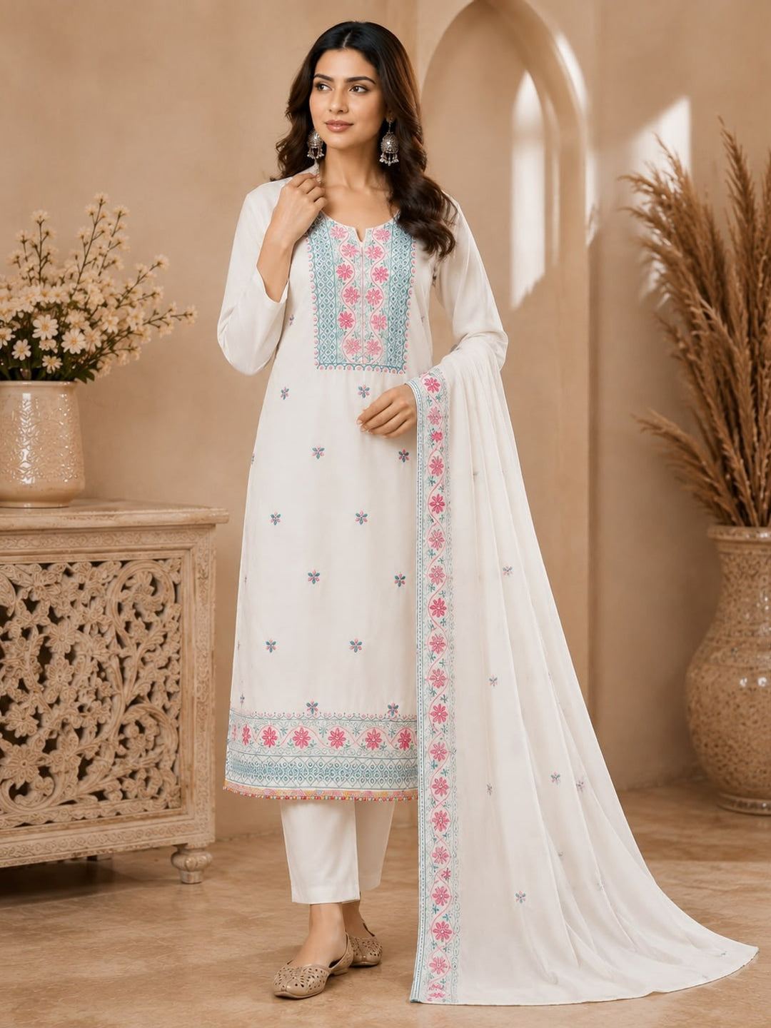 Peachmode Cream Floral Embroidered Georgette Dress Material - Image 3