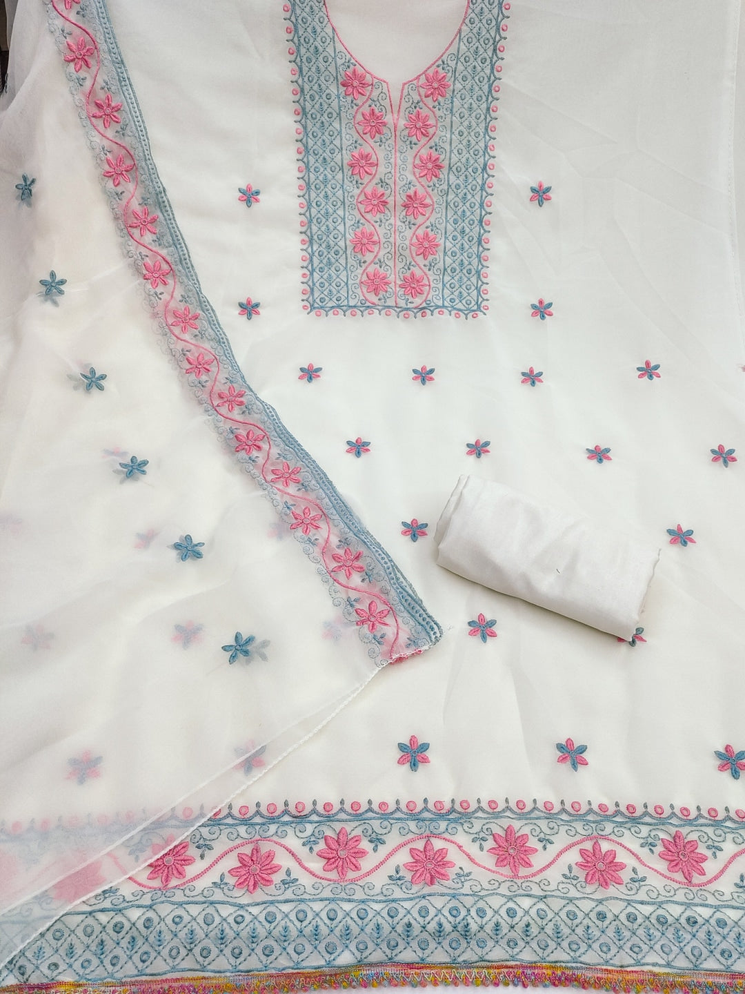 Peachmode Cream Floral Embroidered Georgette Dress Material - Image 5