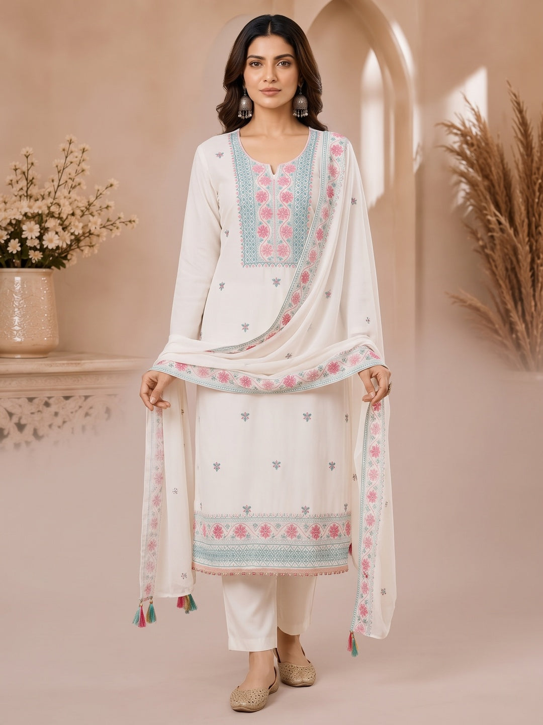Peachmode Cream Floral Embroidered Georgette Dress Material - Image 2