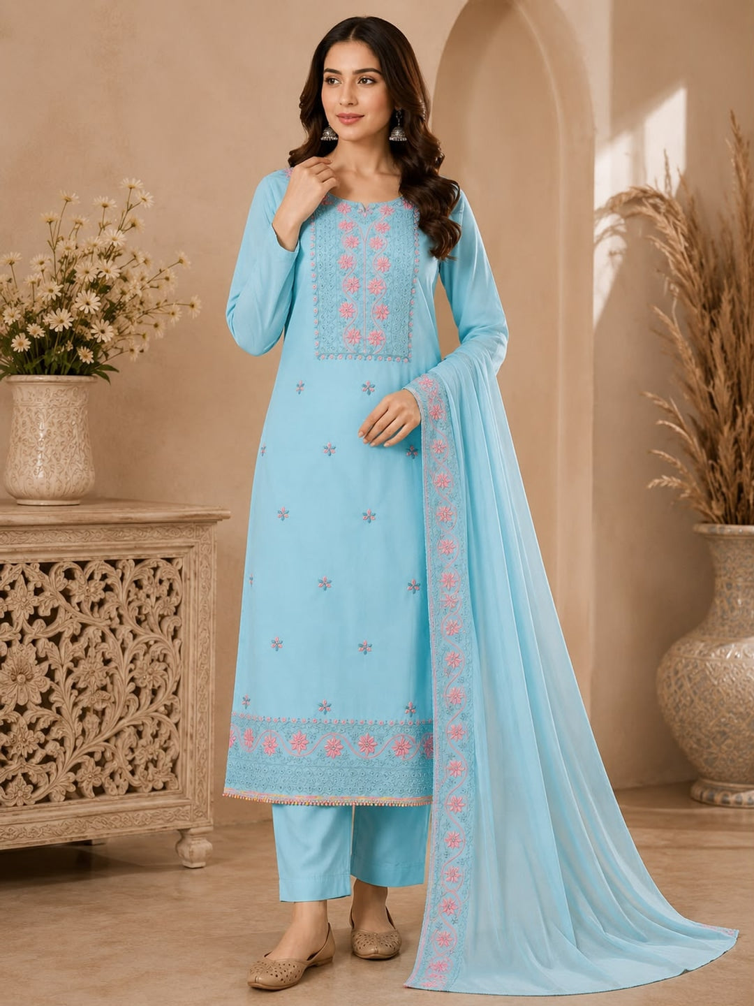 Peachmode Sky Blue Floral Embroidered Georgette Dress Material - Image 3