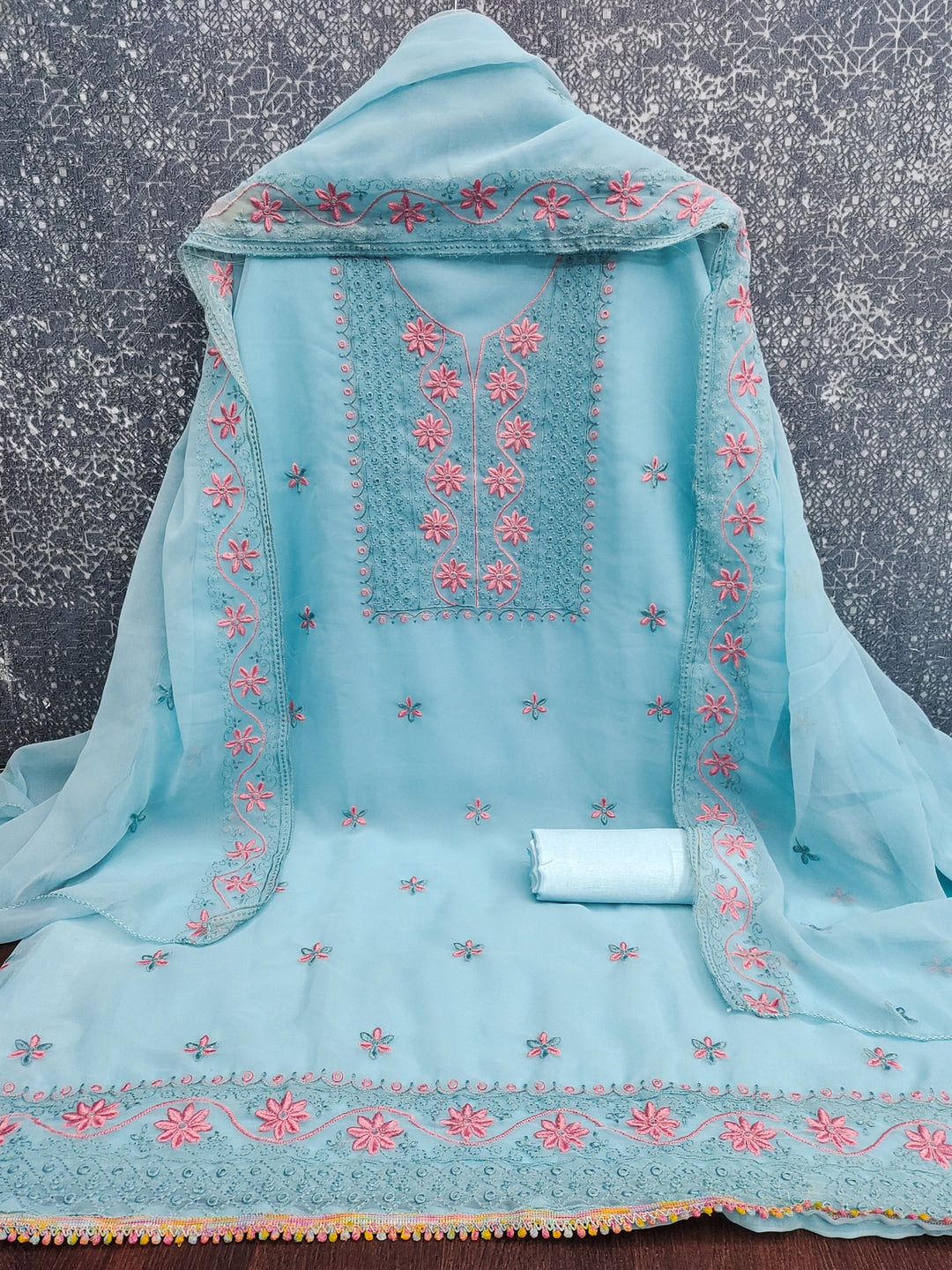 Peachmode Sky Blue Floral Embroidered Georgette Dress Material - Image 4