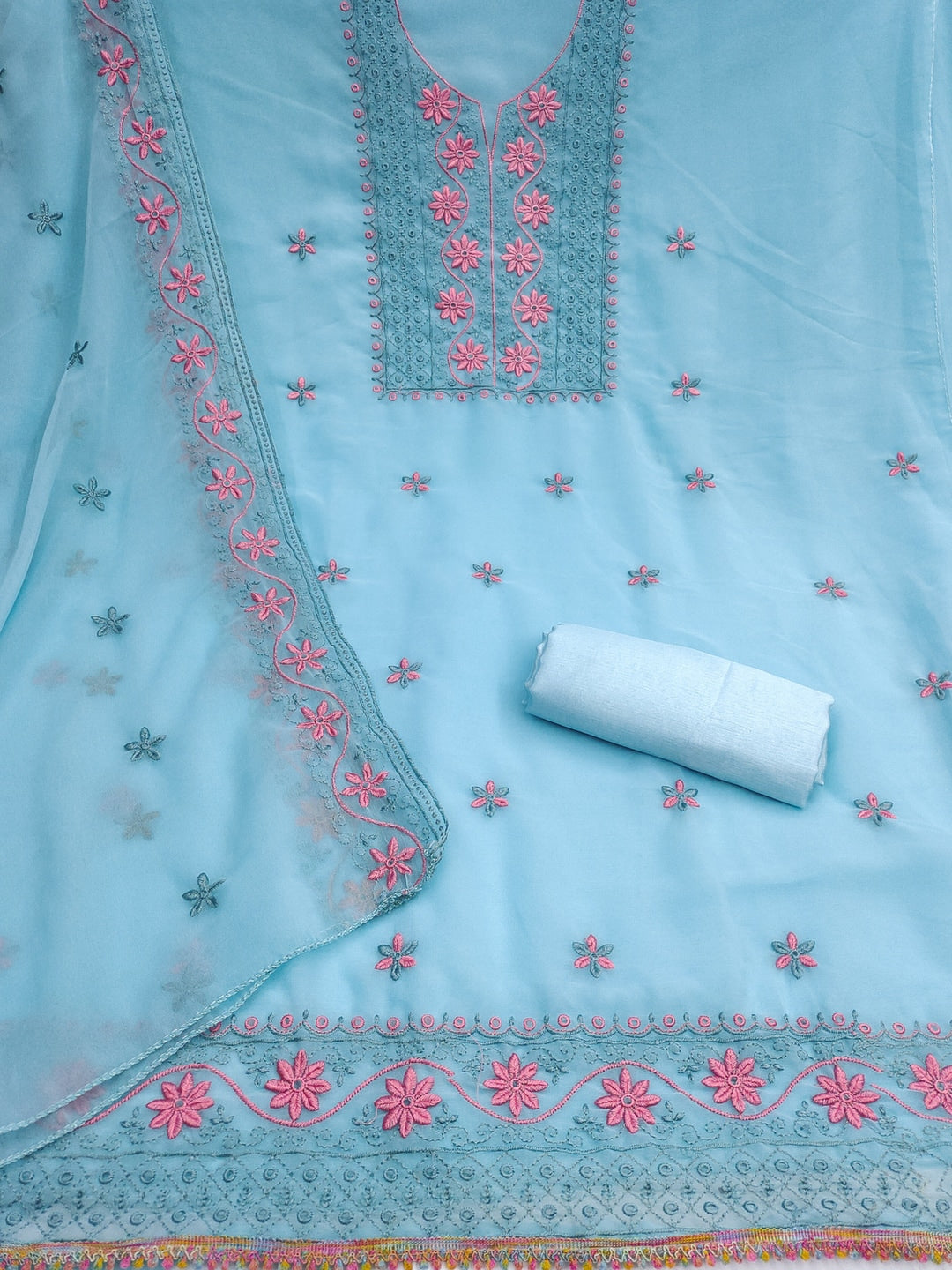 Peachmode Sky Blue Floral Embroidered Georgette Dress Material - Image 5
