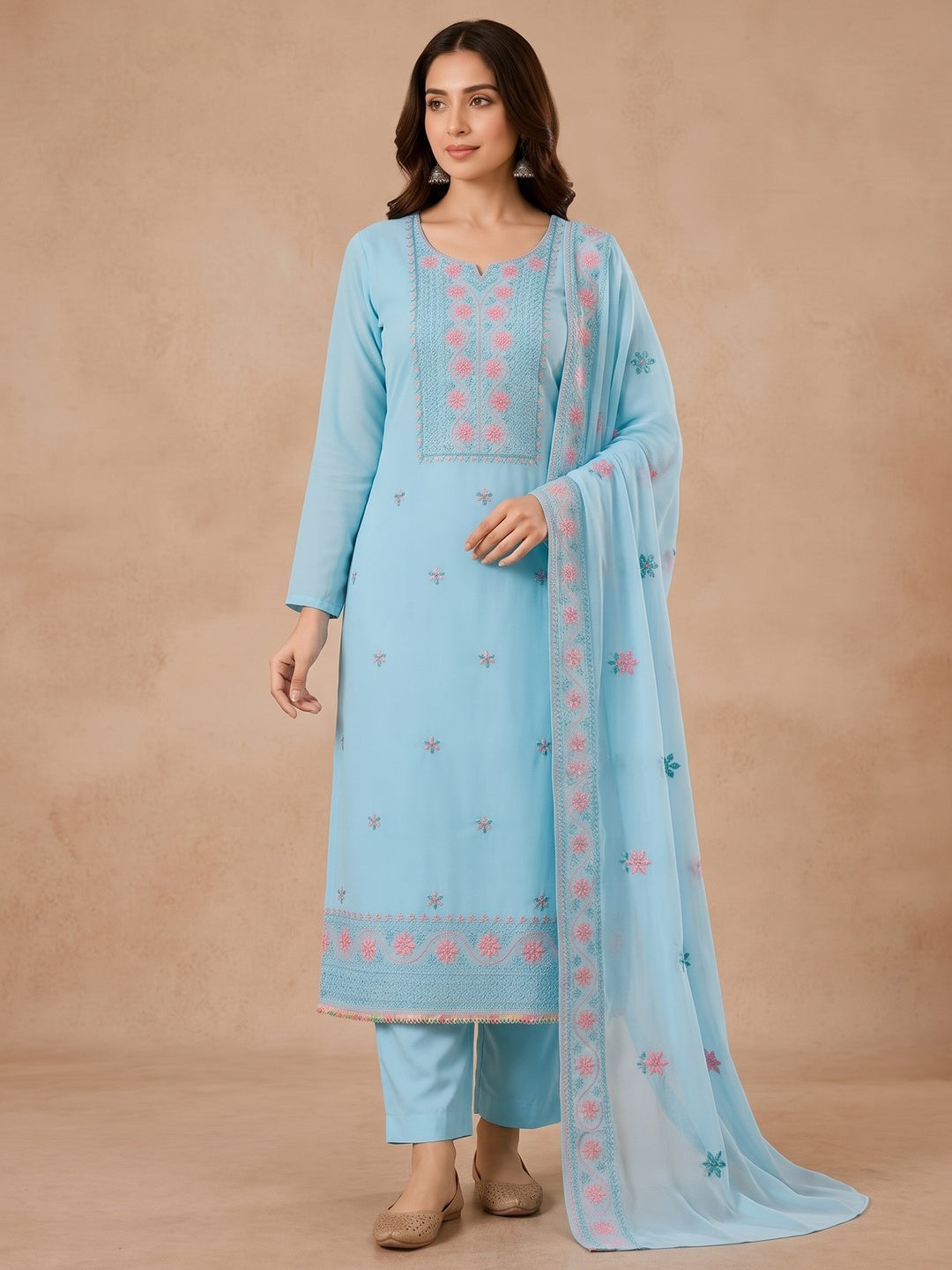 Peachmode Sky Blue Floral Embroidered Georgette Dress Material - Image 2