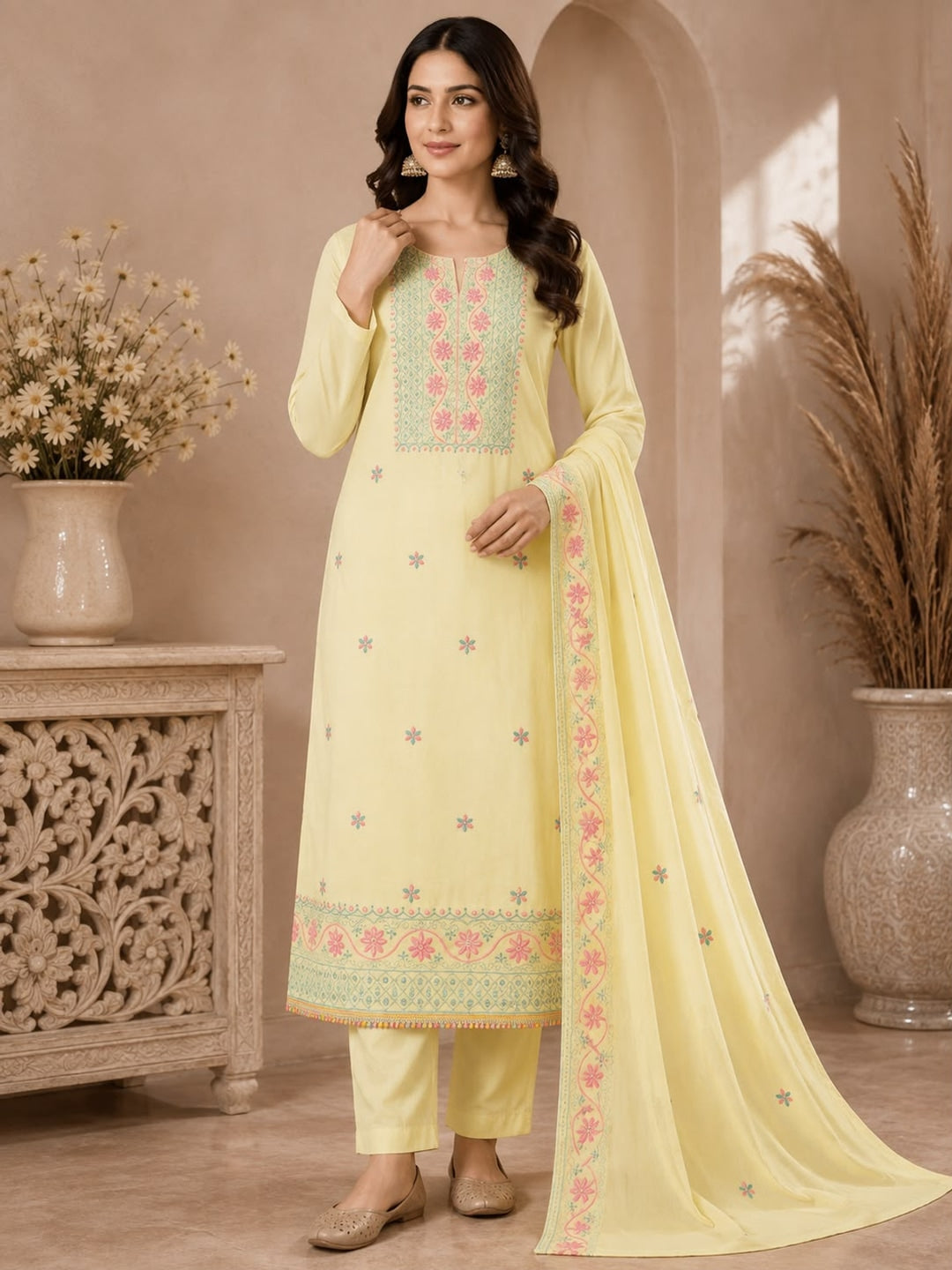 Peachmode Light Yellow Floral Embroidered Georgette Dress Material - Image 3