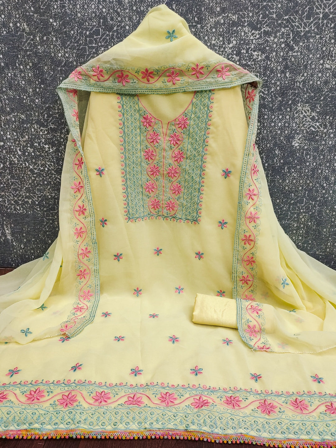Peachmode Light Yellow Floral Embroidered Georgette Dress Material - Image 4