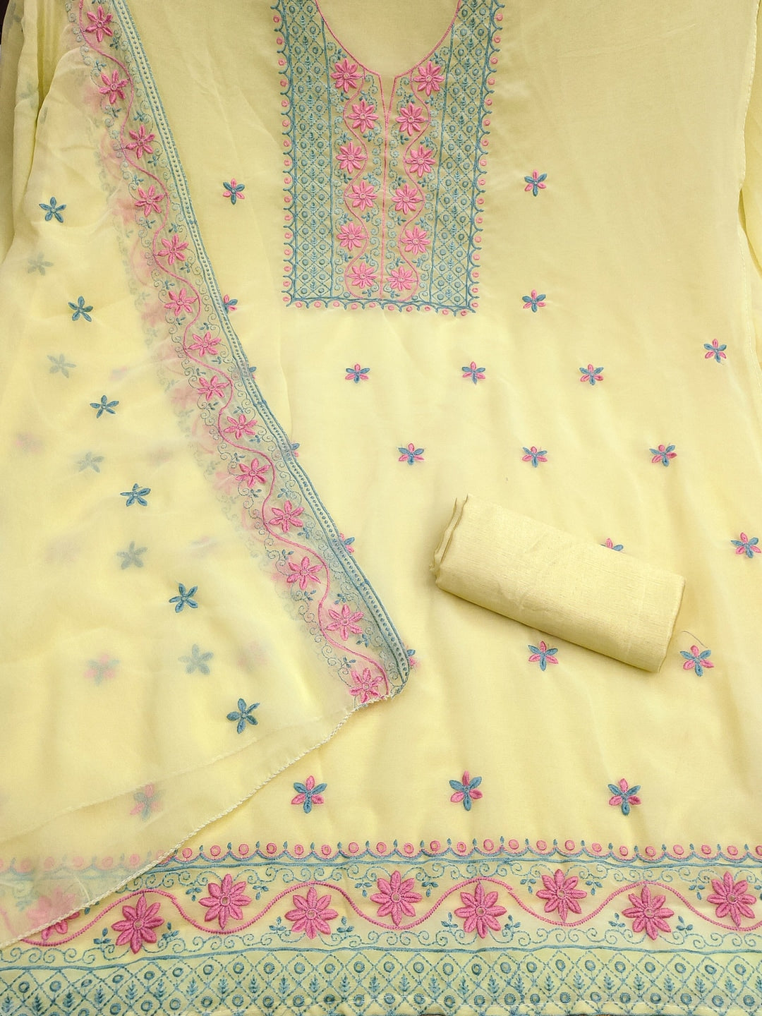 Peachmode Light Yellow Floral Embroidered Georgette Dress Material - Image 5