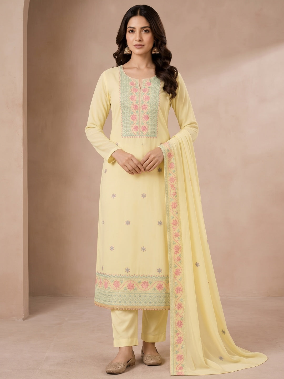 Peachmode Light Yellow Floral Embroidered Georgette Dress Material - Image 2