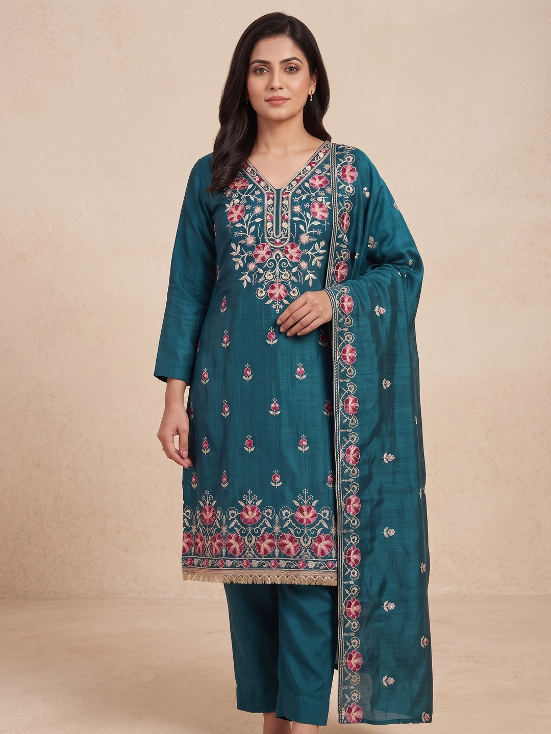 Peachmode Teal Floral Embroidered Silk Blend Dress Material - Image 2
