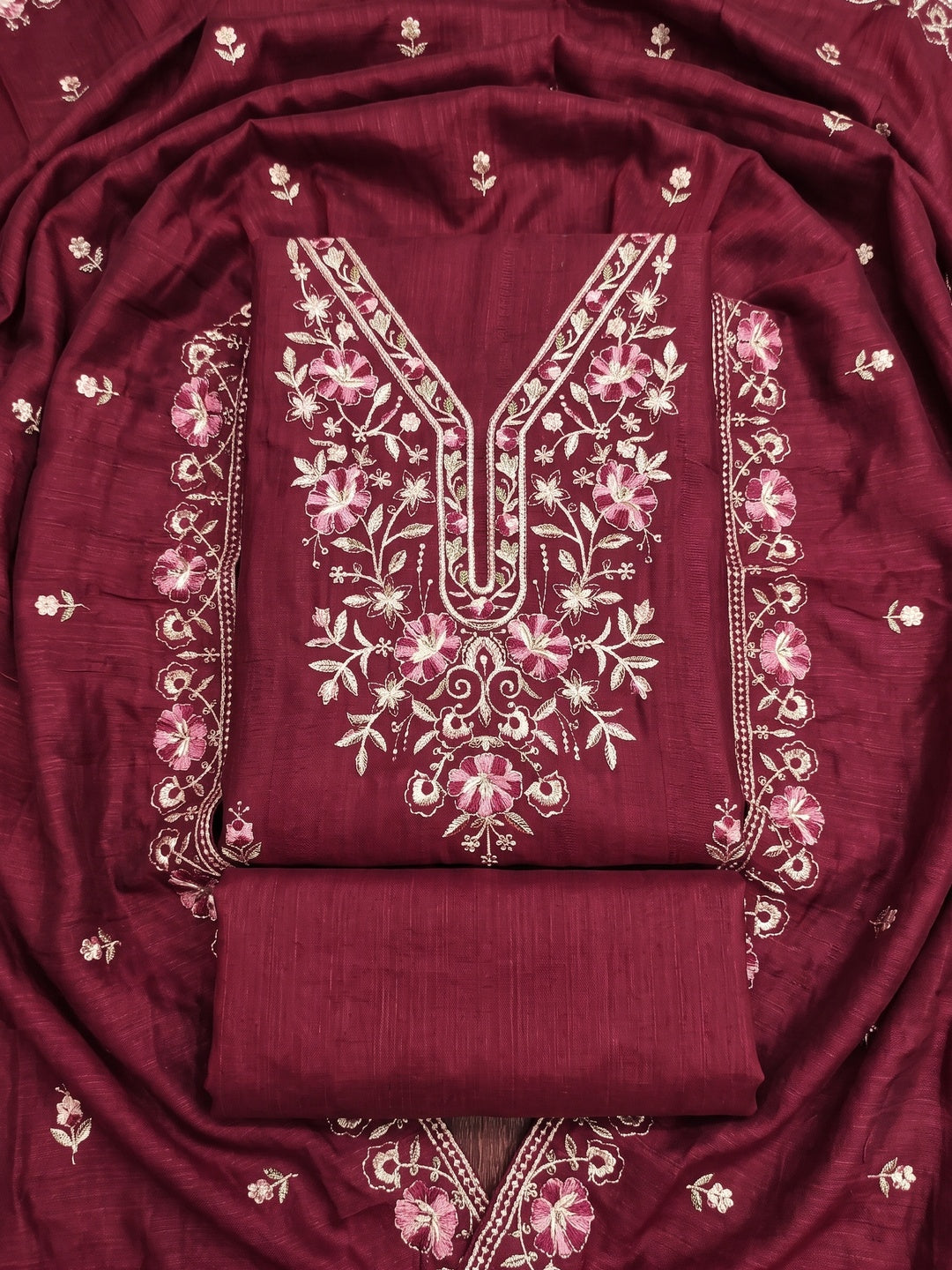 Peachmode Maroon Floral Embroidered Silk Blend Dress Material - Image 1