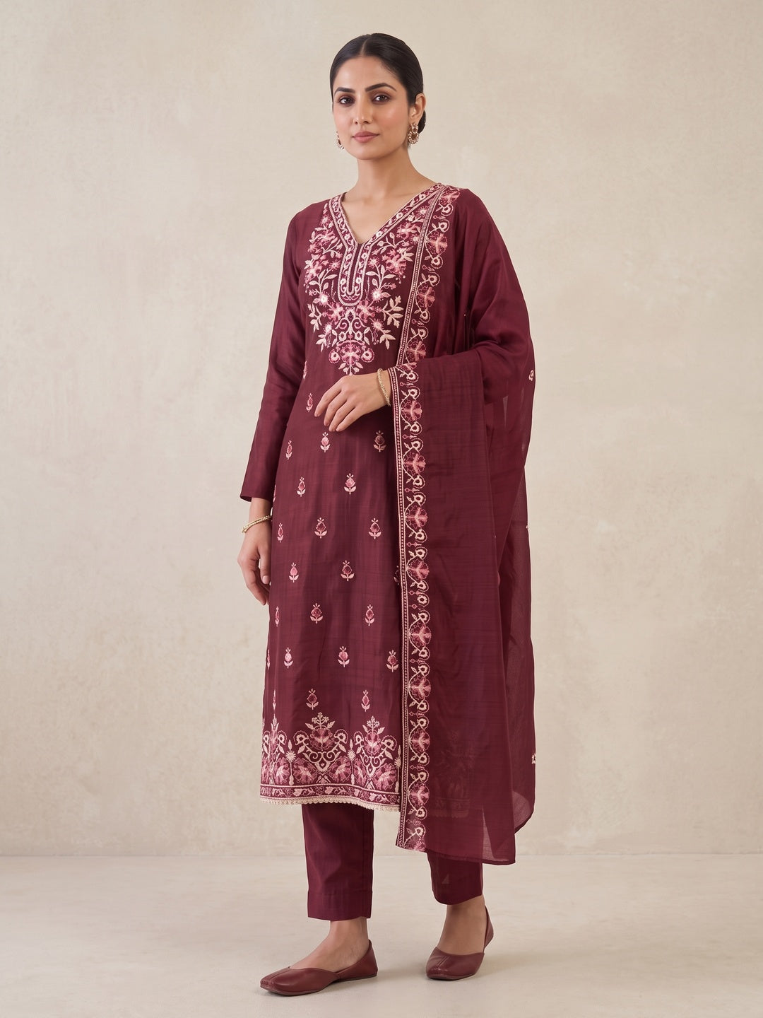 Peachmode Maroon Floral Embroidered Silk Blend Dress Material - Image 2