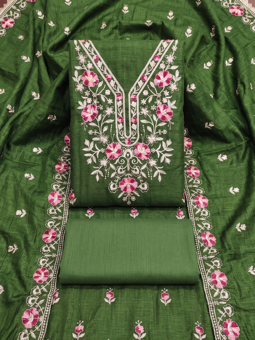 Peachmode Olive Floral Embroidered Silk Blend Dress Material - Image 1