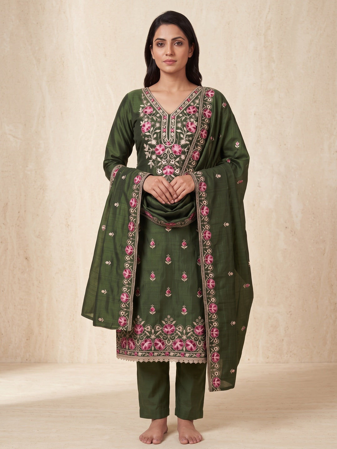 Peachmode Olive Floral Embroidered Silk Blend Dress Material - Image 2