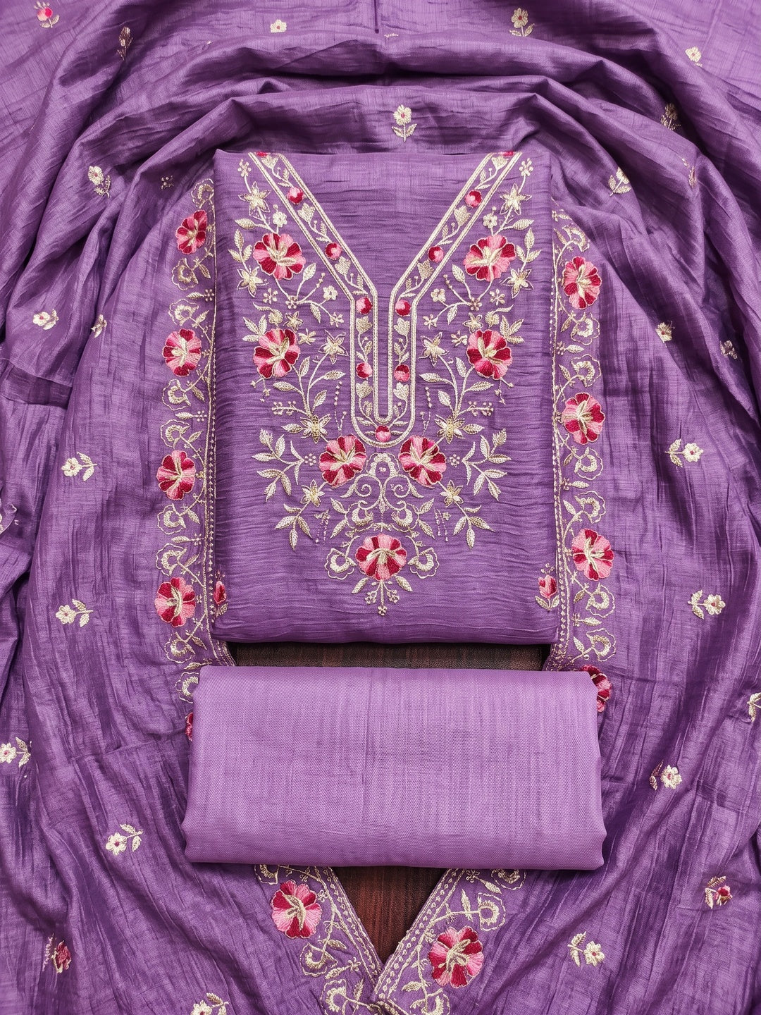Peachmode Lavender Floral Embroidered Silk Blend Dress Material - Image 1