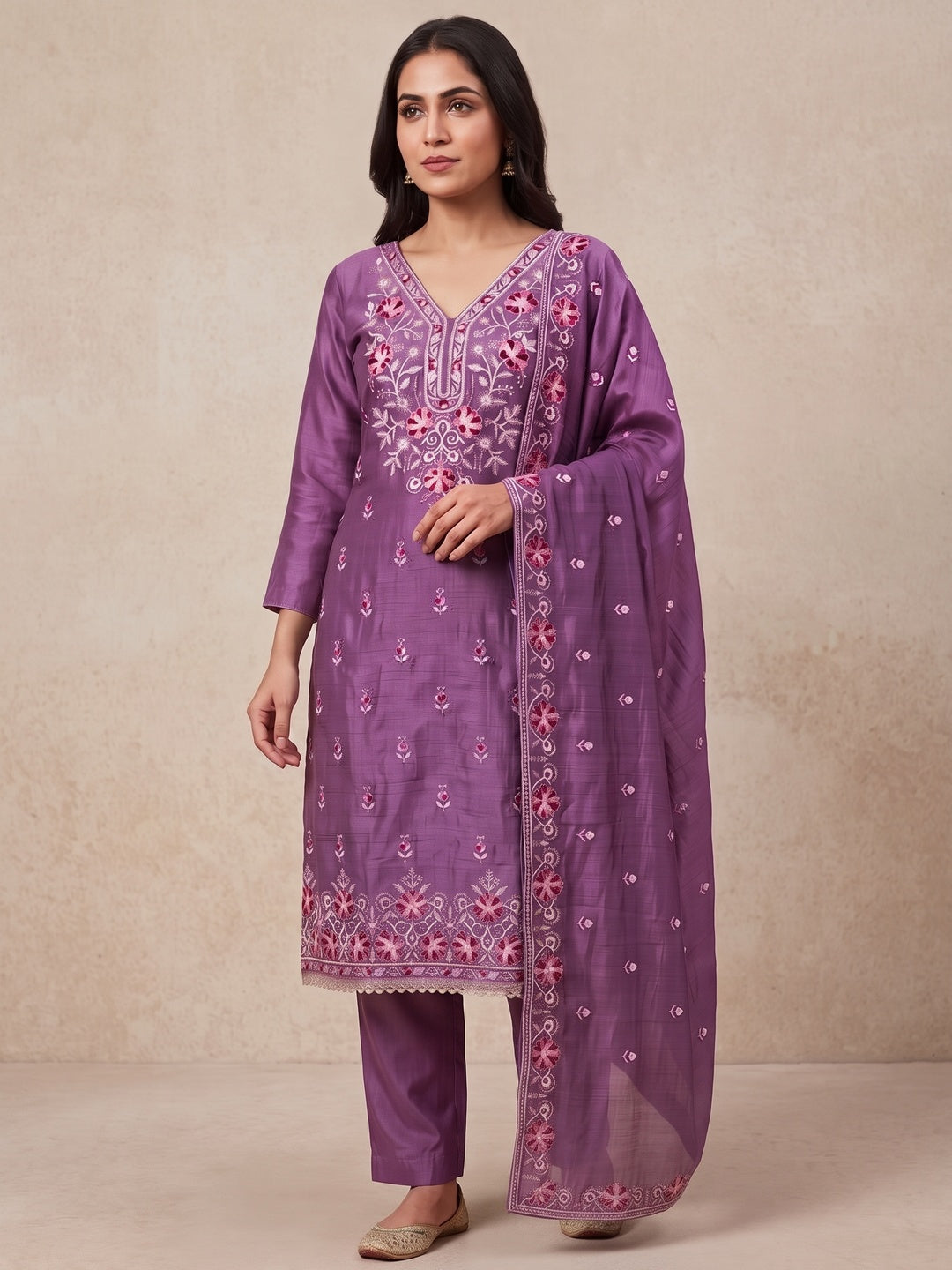 Peachmode Lavender Floral Embroidered Silk Blend Dress Material - Image 2