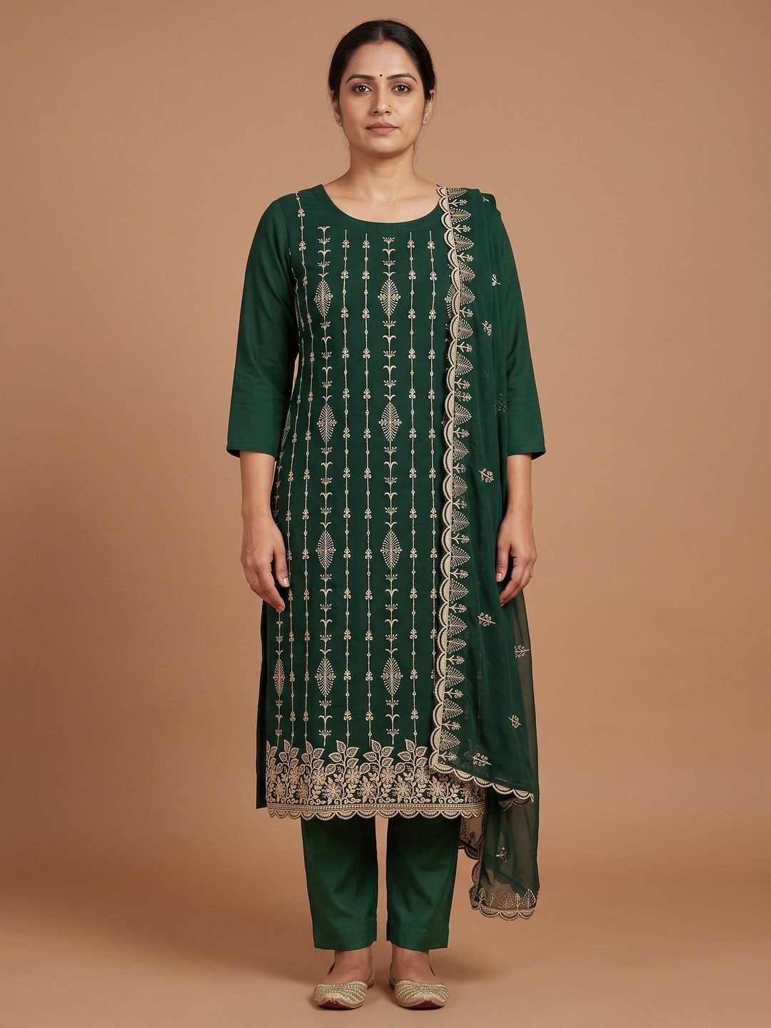 Peachmode Green Floral Zari Embroidered Georgette Dress Material - Image 2