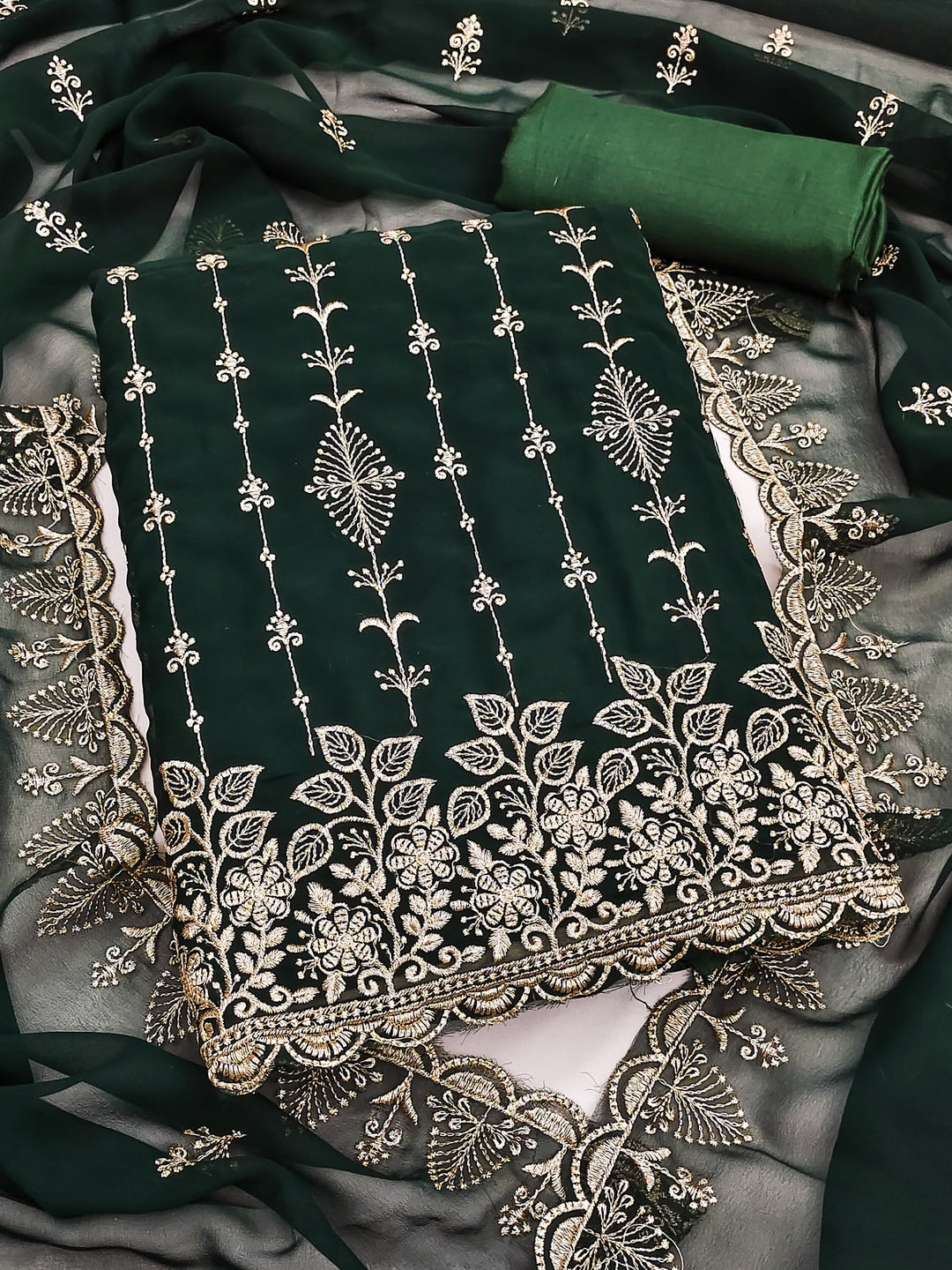 Peachmode Green Floral Zari Embroidered Georgette Dress Material - Image 3