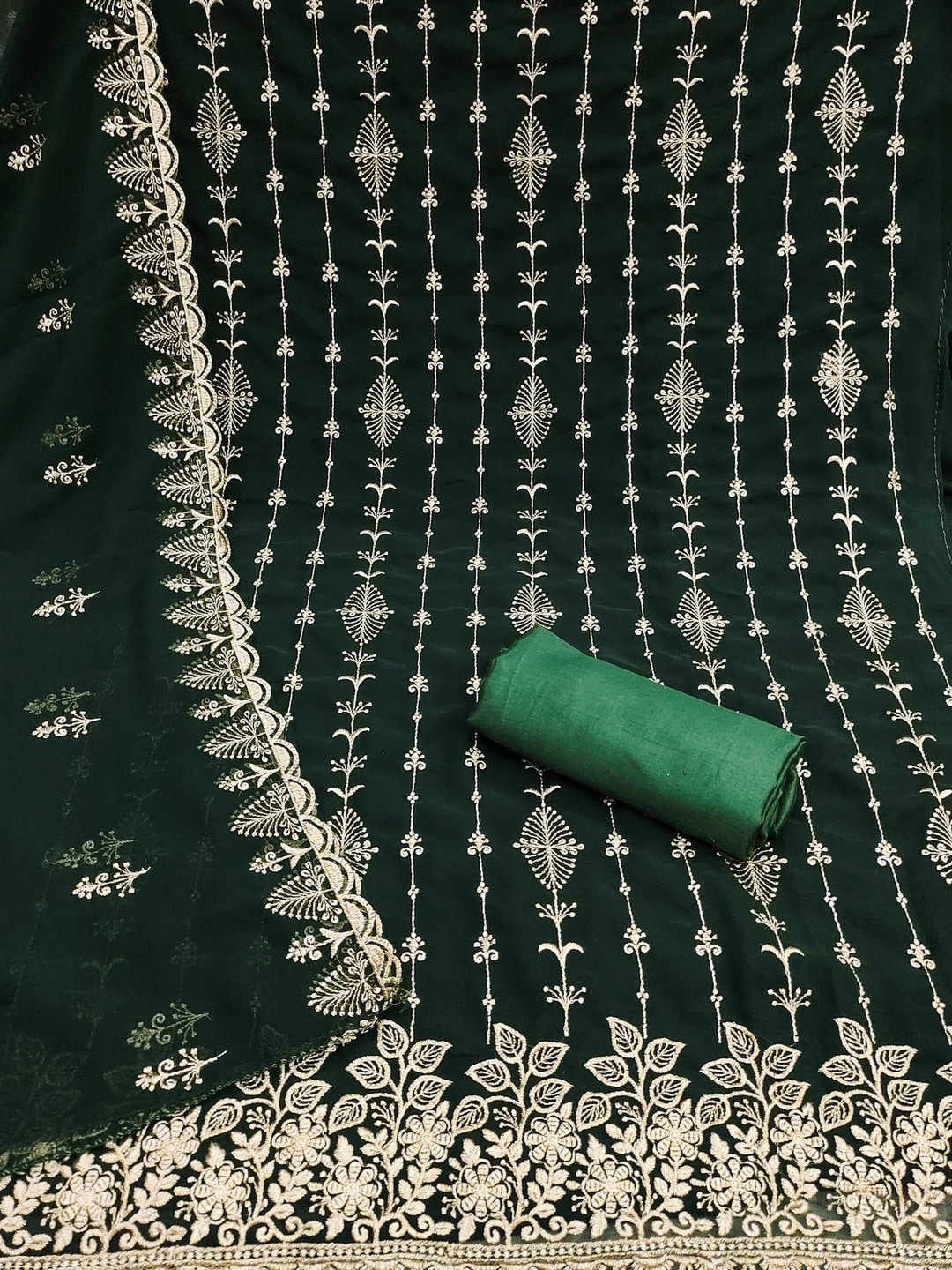 Peachmode Green Floral Zari Embroidered Georgette Dress Material - Image 5