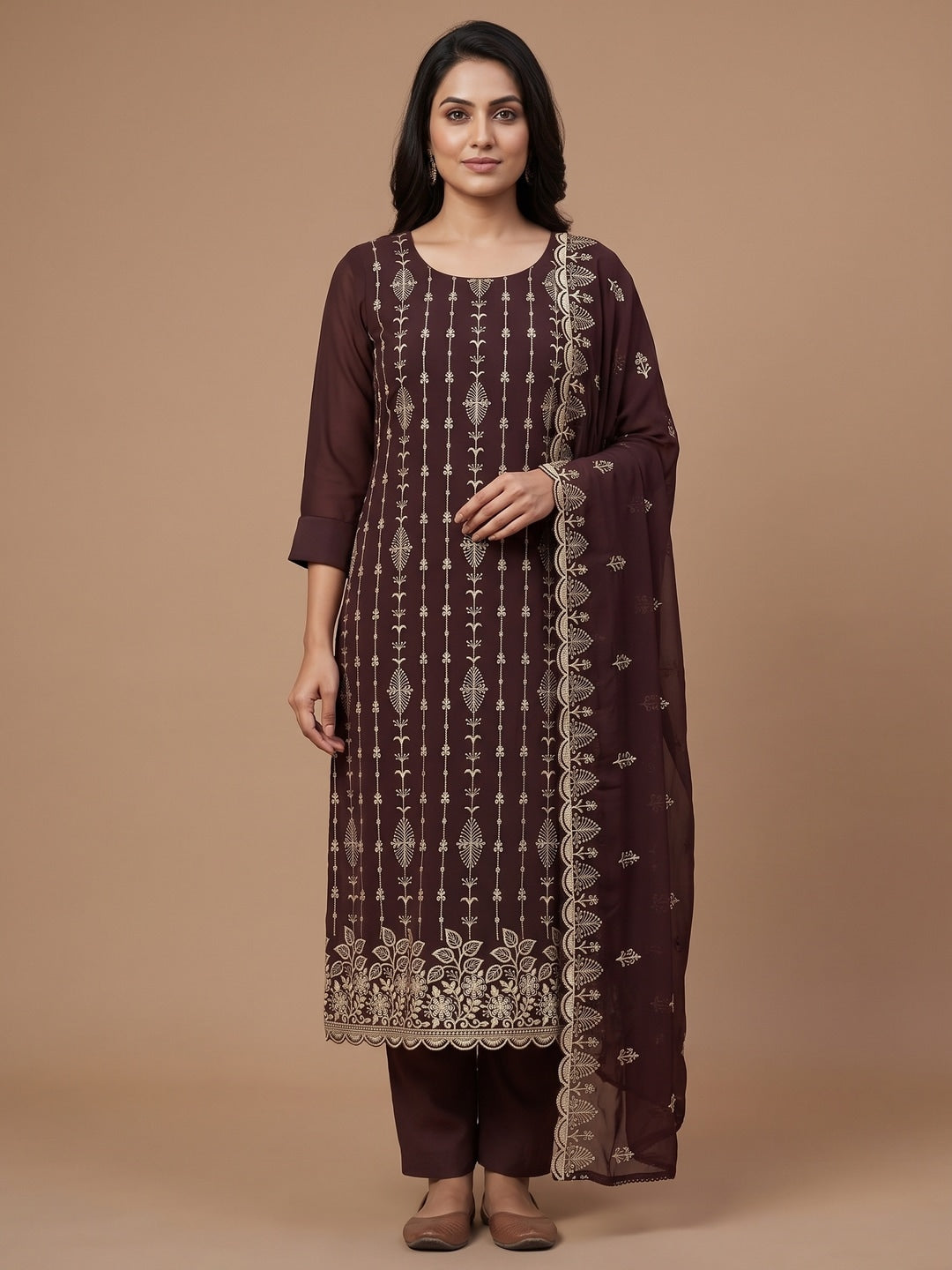 Peachmode Coffee Brown Floral Zari Embroidered Georgette Dress Material - Image 2