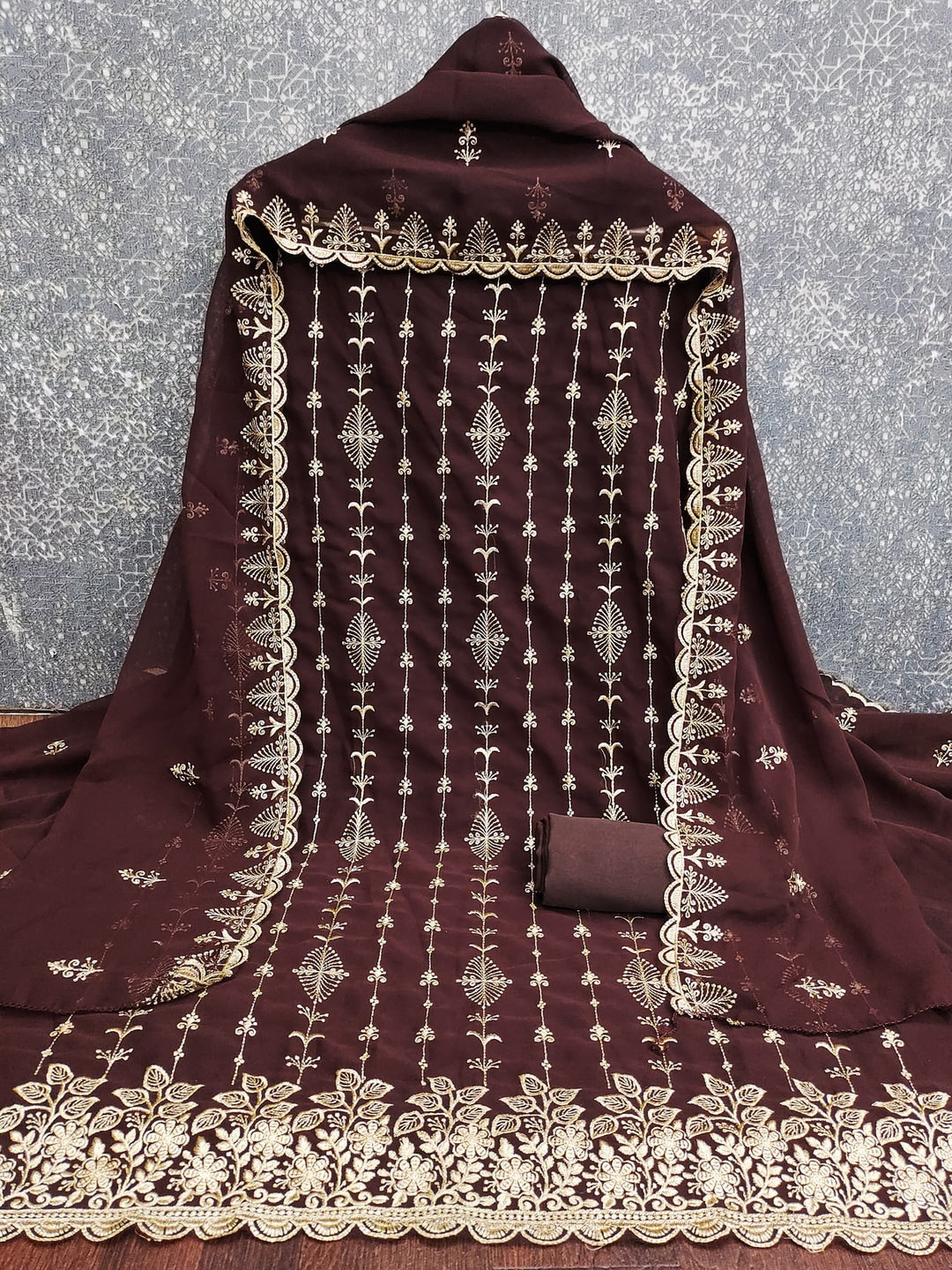 Peachmode Coffee Brown Floral Zari Embroidered Georgette Dress Material - Image 4
