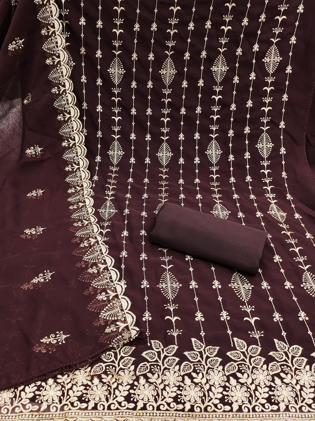Peachmode Coffee Brown Floral Zari Embroidered Georgette Dress Material - Image 5