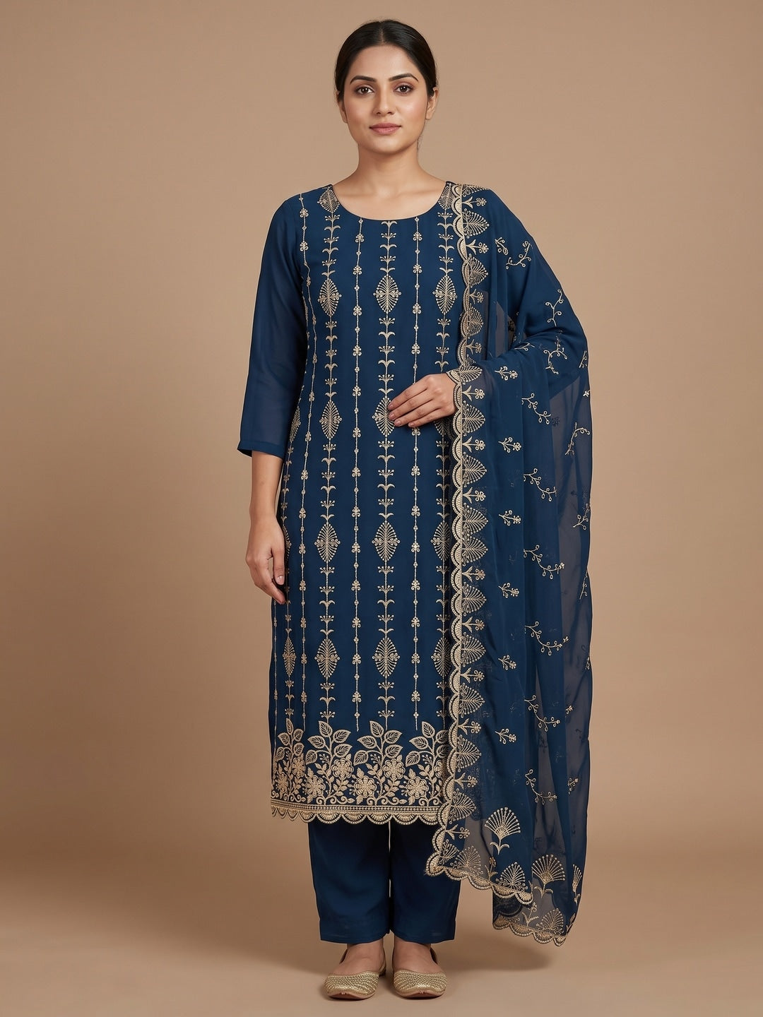 Peachmode Navy Blue Floral Zari Embroidered Georgette Dress Material - Image 2