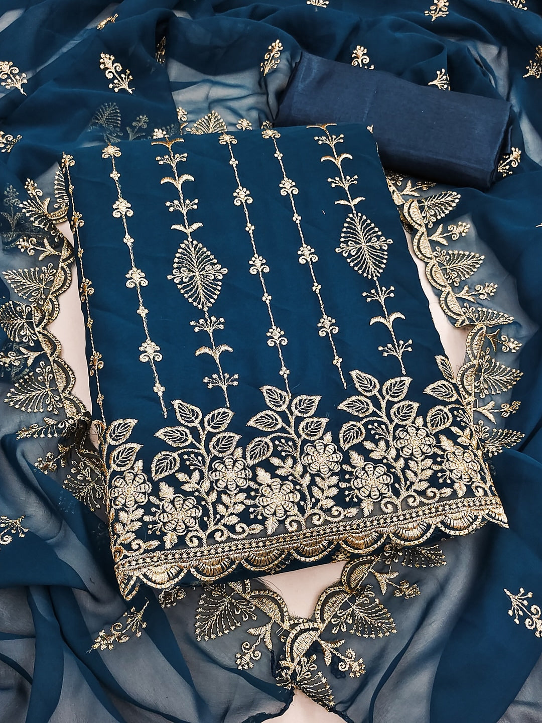 Peachmode Navy Blue Floral Zari Embroidered Georgette Dress Material - Image 3