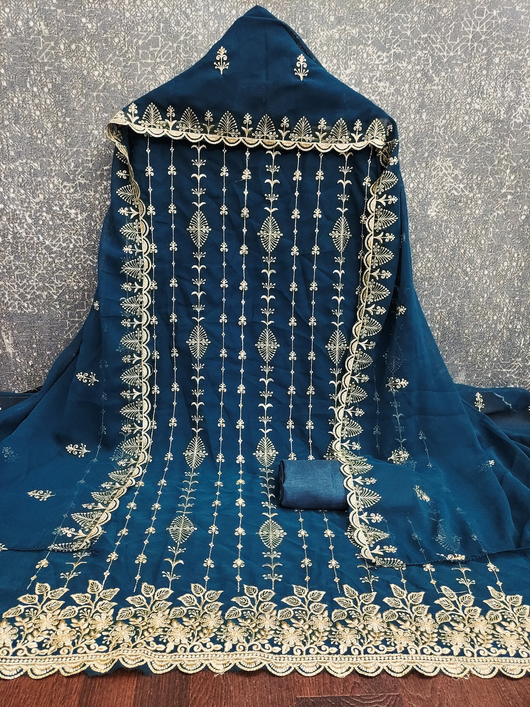 Peachmode Navy Blue Floral Zari Embroidered Georgette Dress Material - Image 4