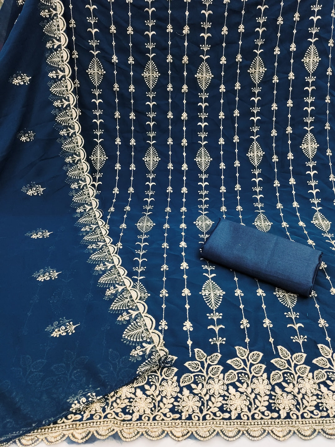 Peachmode Navy Blue Floral Zari Embroidered Georgette Dress Material - Image 5