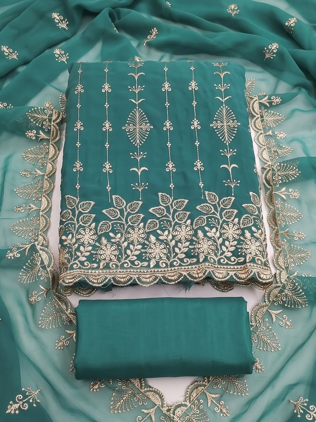 Peachmode Rama Green Floral Zari Embroidered Georgette Dress Material - Image 1