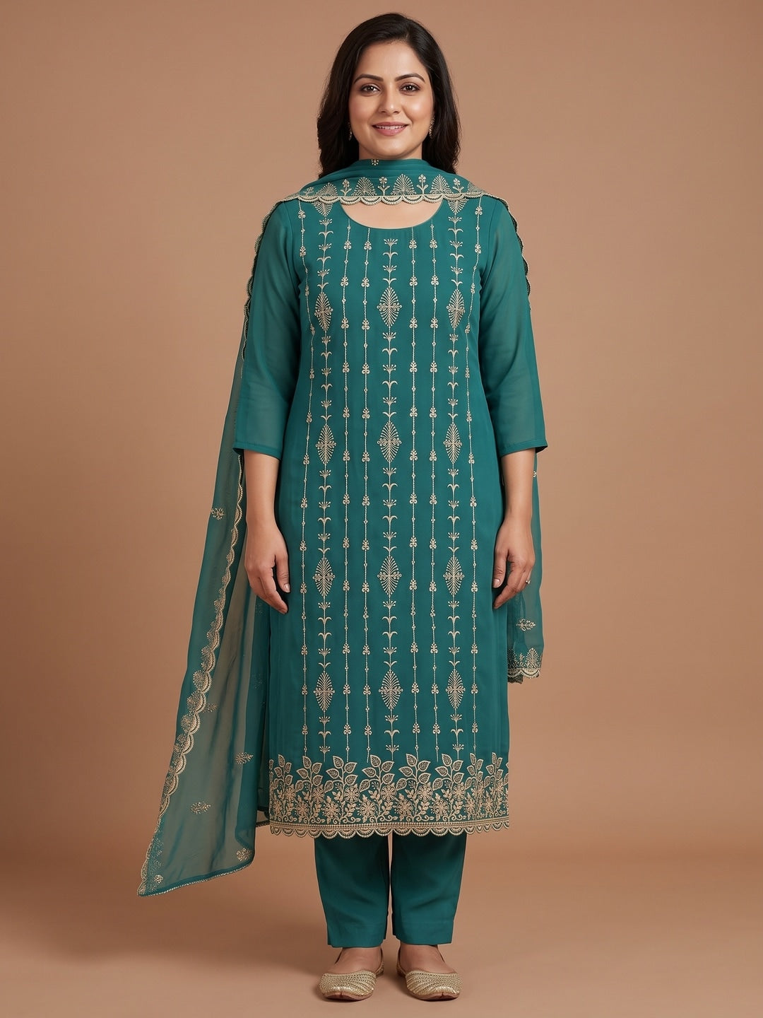 Peachmode Rama Green Floral Zari Embroidered Georgette Dress Material - Image 2