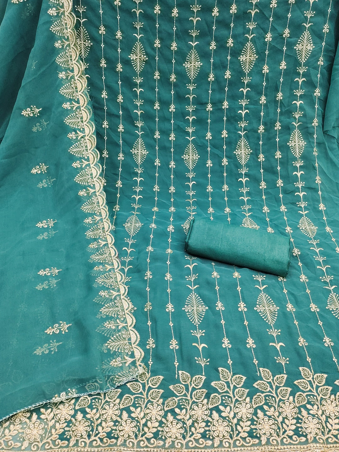 Peachmode Rama Green Floral Zari Embroidered Georgette Dress Material - Image 5