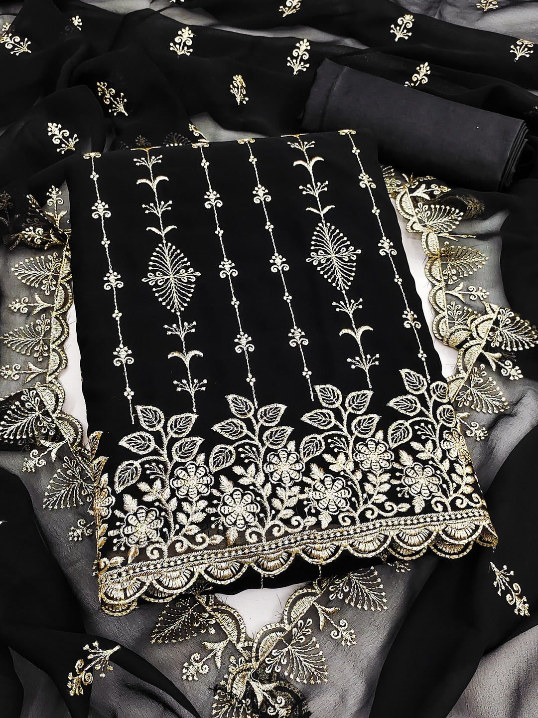 Peachmode Black Floral Zari Embroidered Georgette Dress Material - Image 3