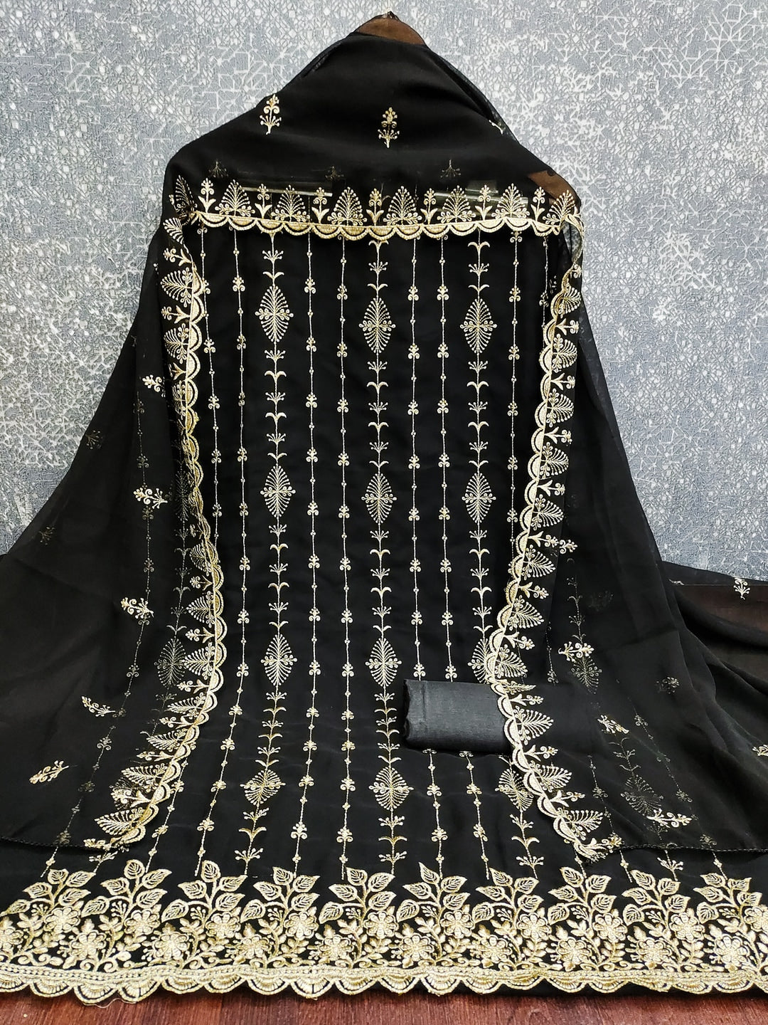 Peachmode Black Floral Zari Embroidered Georgette Dress Material - Image 4