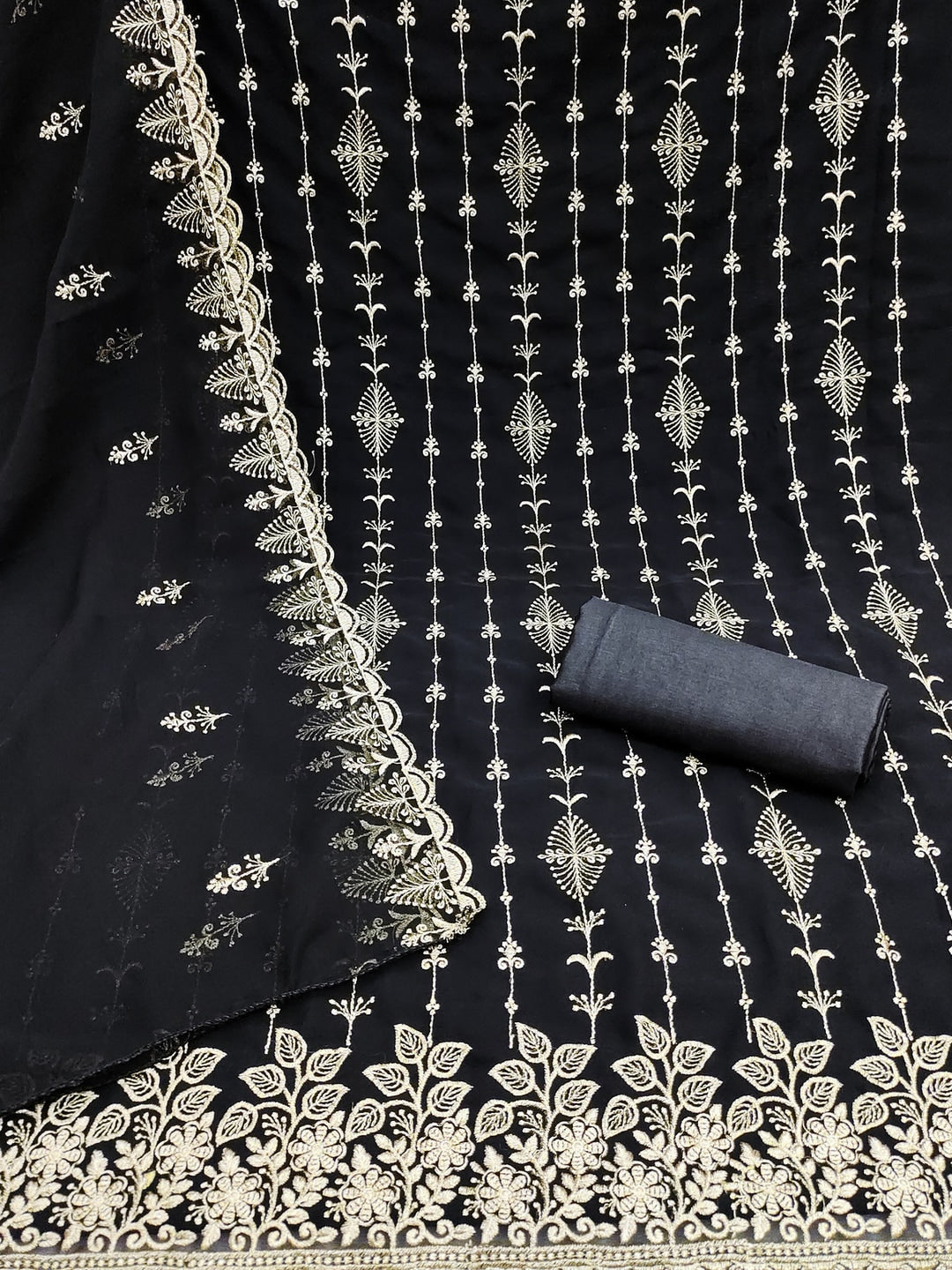 Peachmode Black Floral Zari Embroidered Georgette Dress Material - Image 5