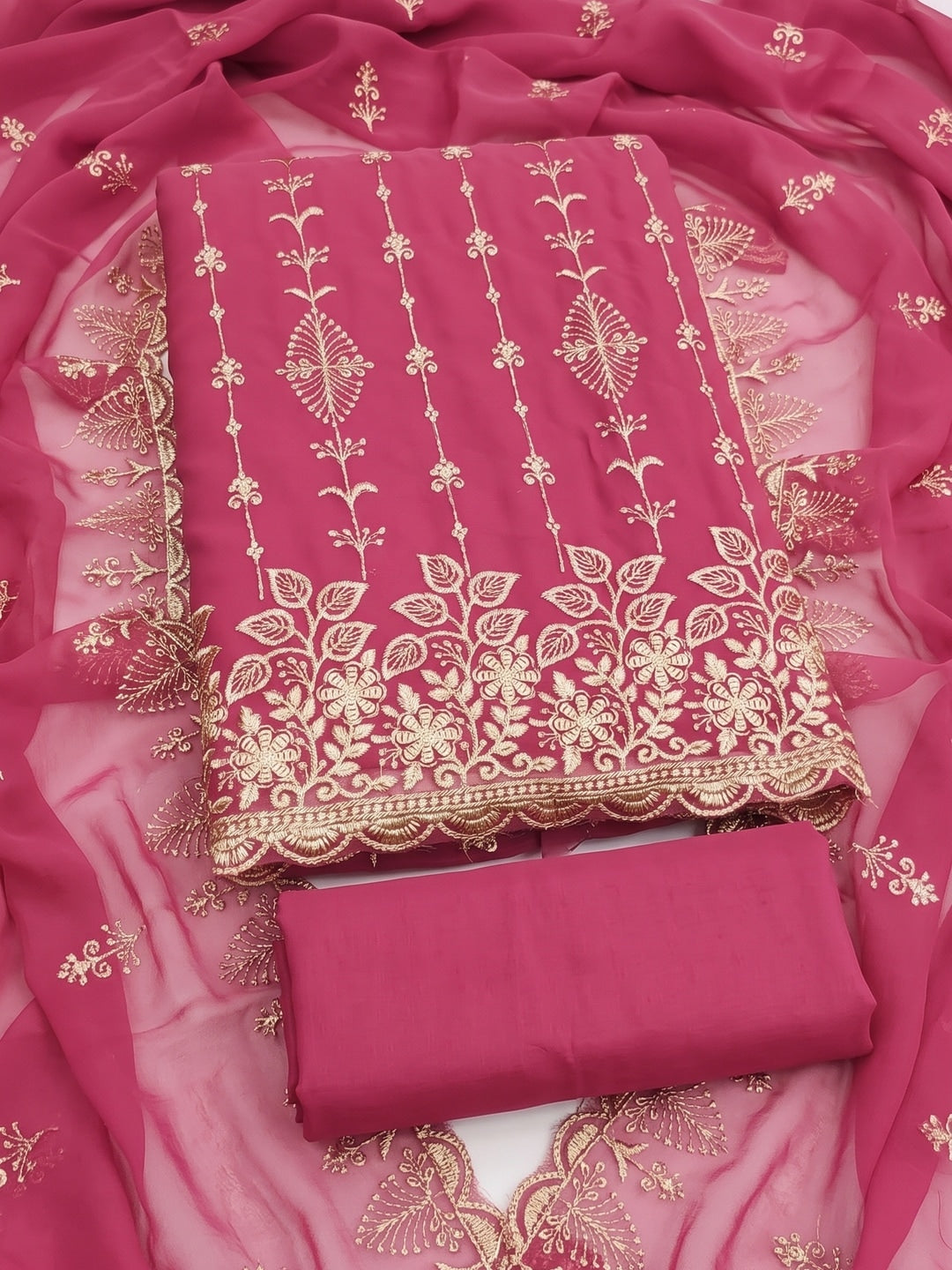Peachmode Pink Floral Zari Embroidered Georgette Dress Material - Image 1