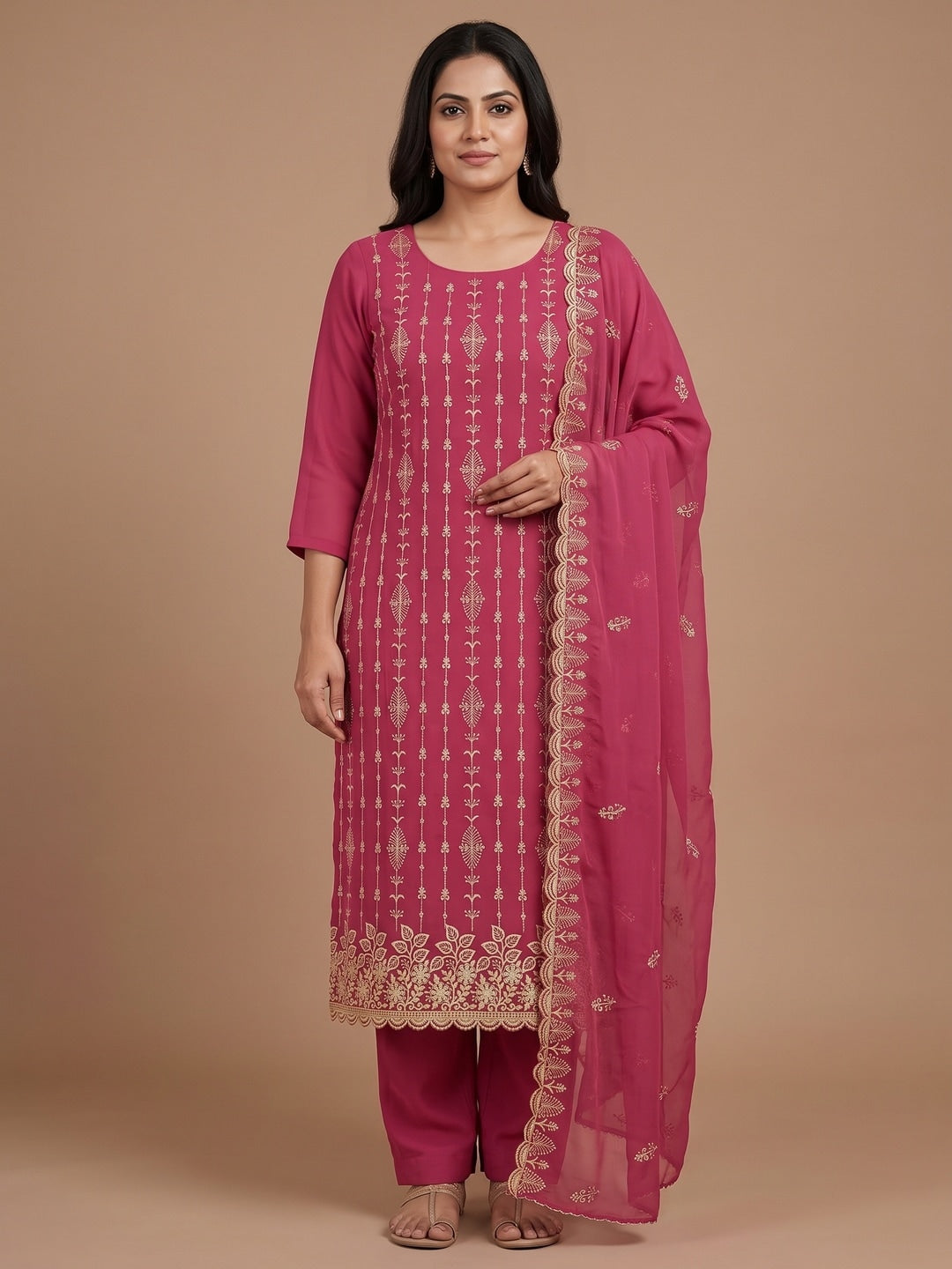 Peachmode Pink Floral Zari Embroidered Georgette Dress Material - Image 2