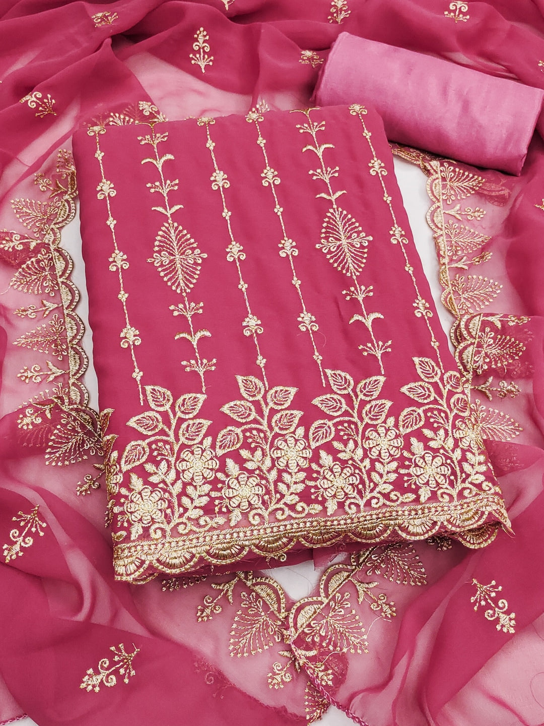 Peachmode Pink Floral Zari Embroidered Georgette Dress Material - Image 3