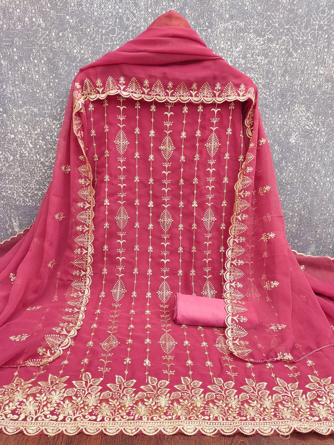 Peachmode Pink Floral Zari Embroidered Georgette Dress Material - Image 4