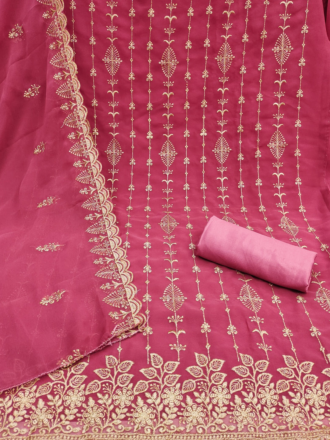 Peachmode Pink Floral Zari Embroidered Georgette Dress Material - Image 5