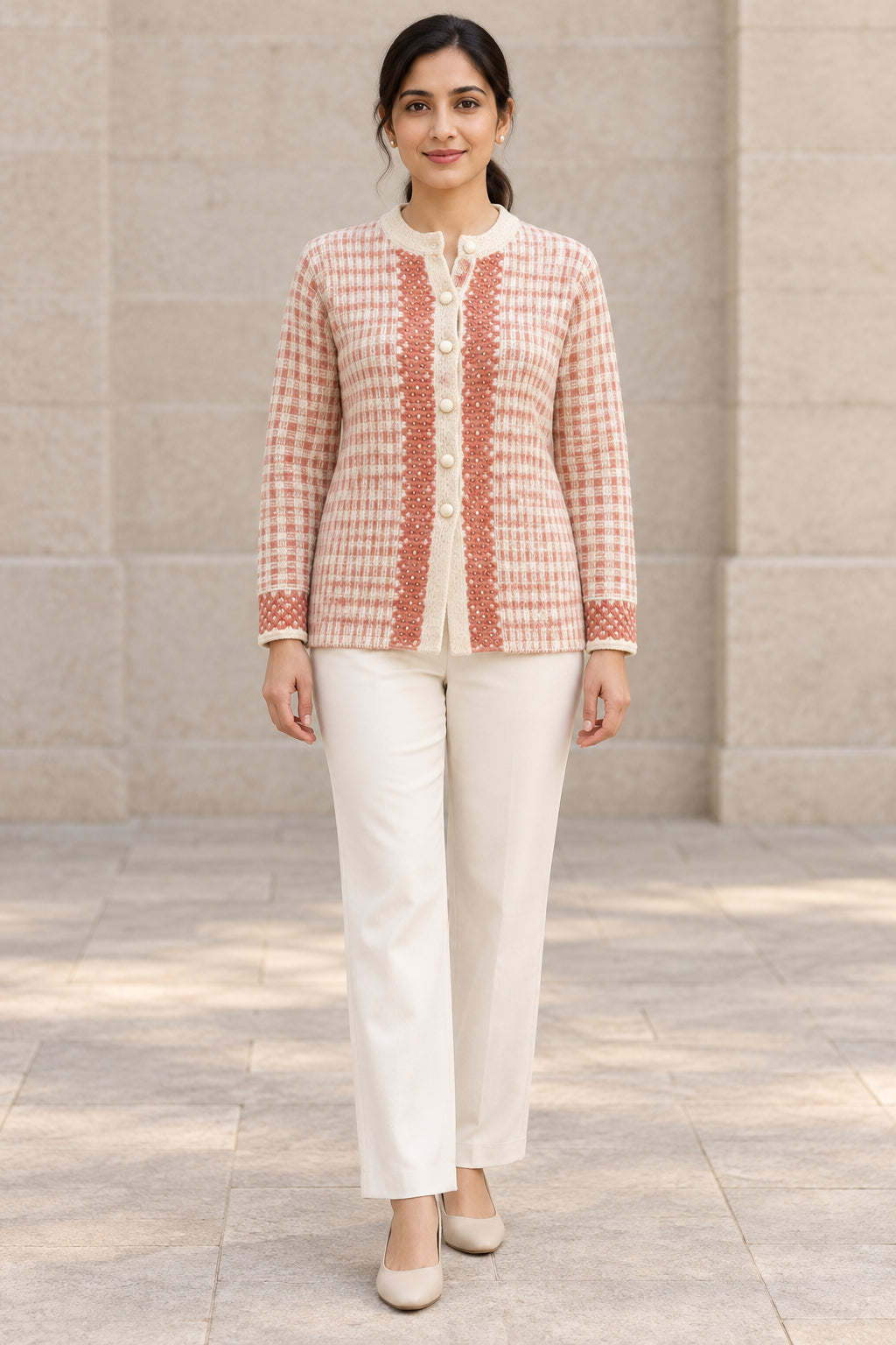 Beige Checked Woolen Cardigan - Image 1