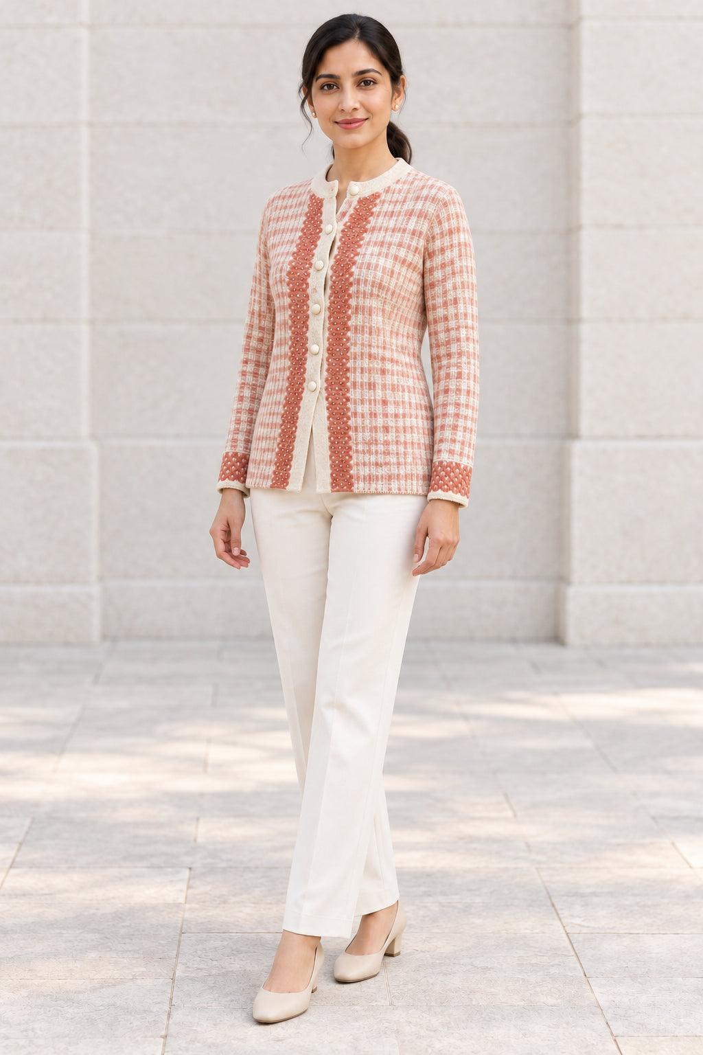 Beige Checked Woolen Cardigan - Image 2
