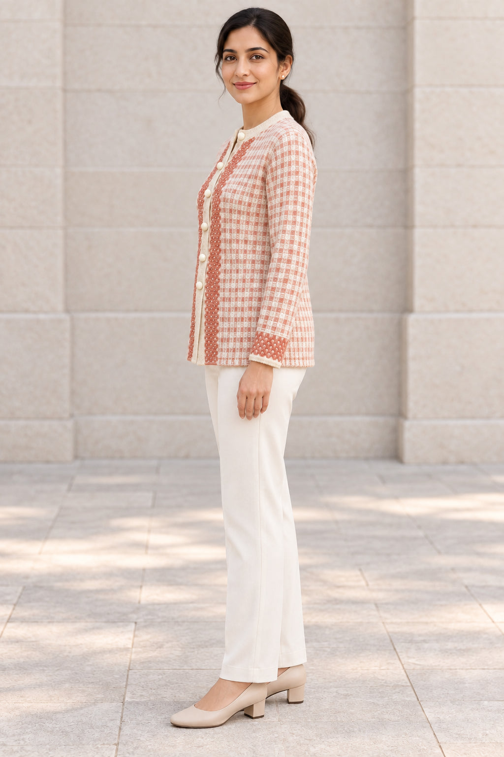 Beige Checked Woolen Cardigan - Image 3