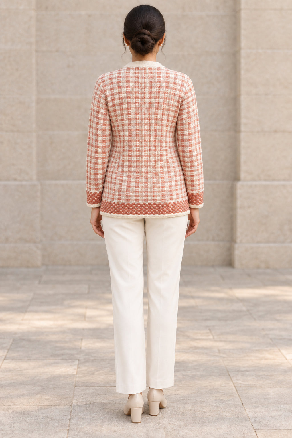Beige Checked Woolen Cardigan - Image 4