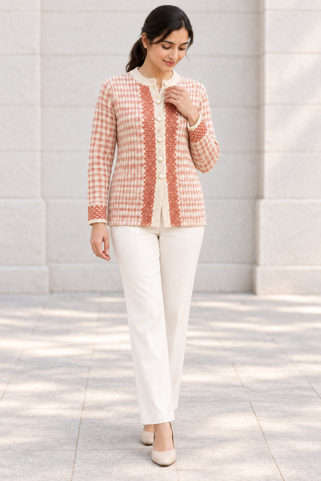 Beige Checked Woolen Cardigan - Image 5