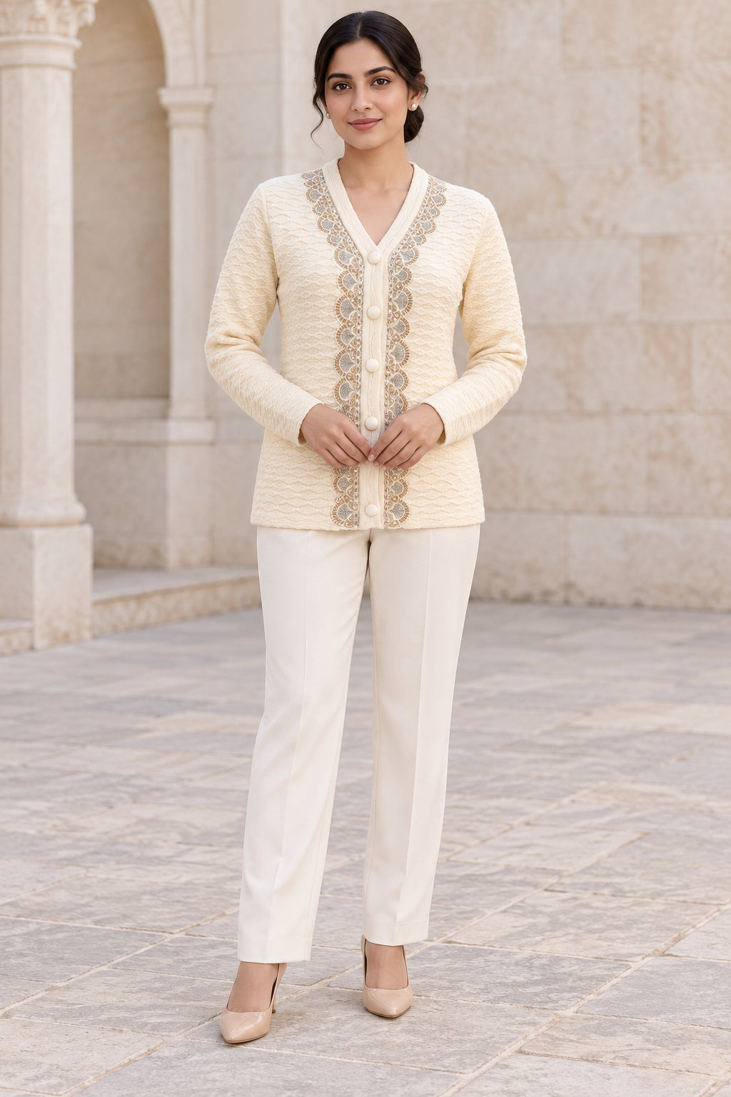 Beige Scalloped Trim Woolen Cardigan - Image 1