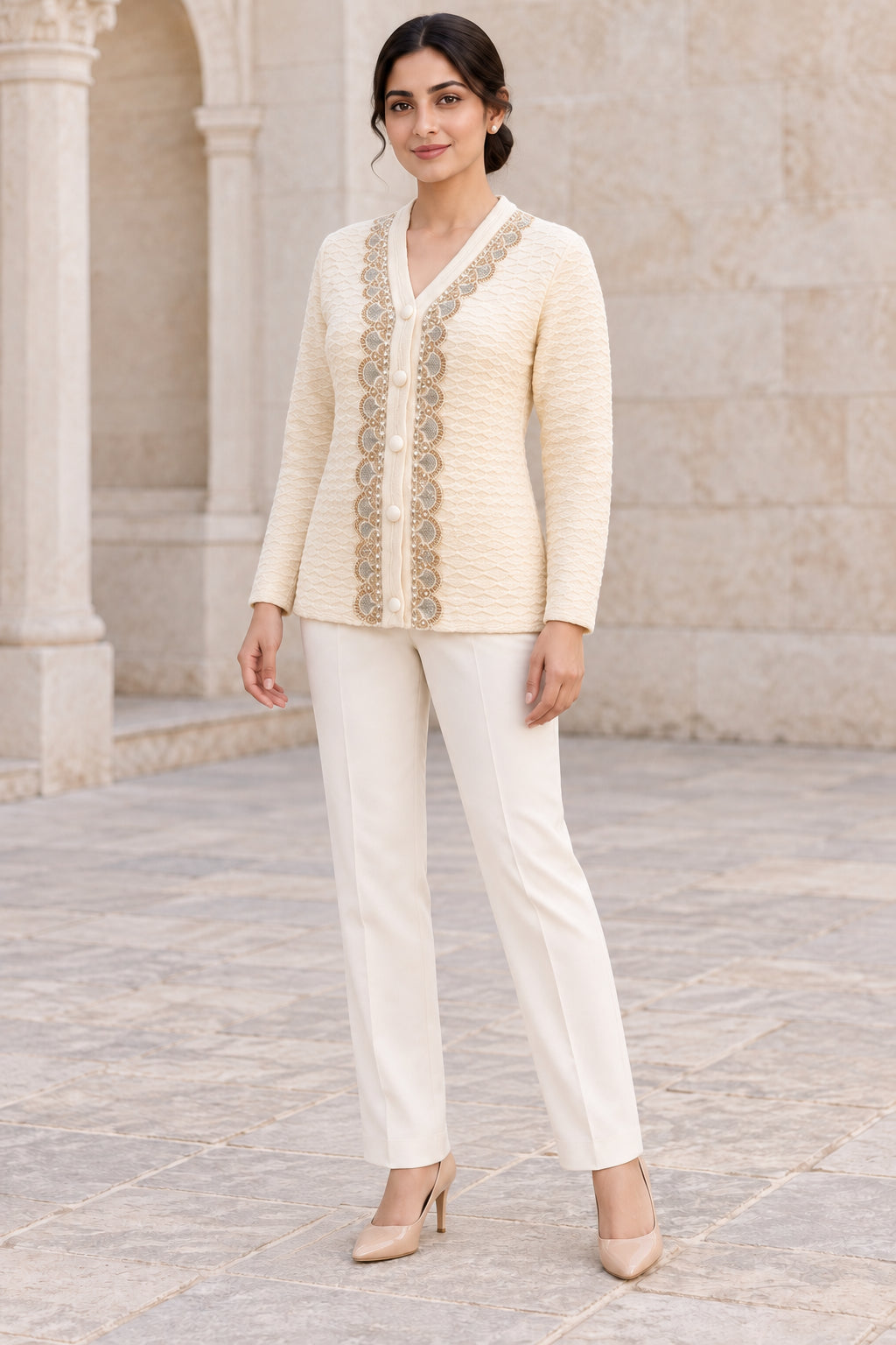 Beige Scalloped Trim Woolen Cardigan - Image 2